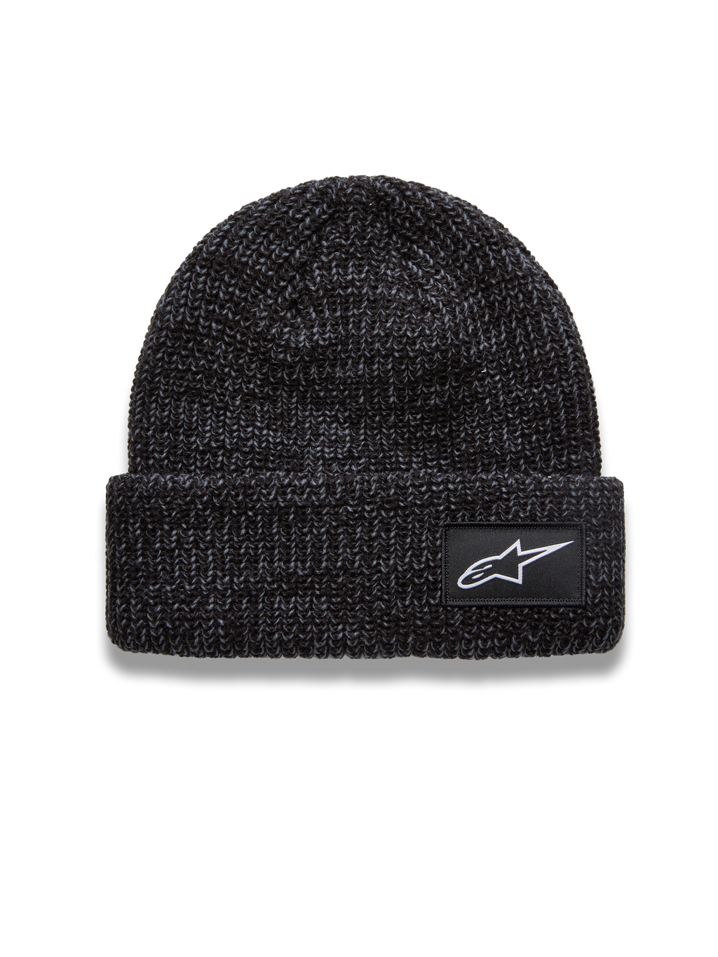 Alpinestars Unload Rib Cuff Hue, mørkegrå melange strikket hue med hvidt Astar-logomærke, afslappet motorsport-streetwear.