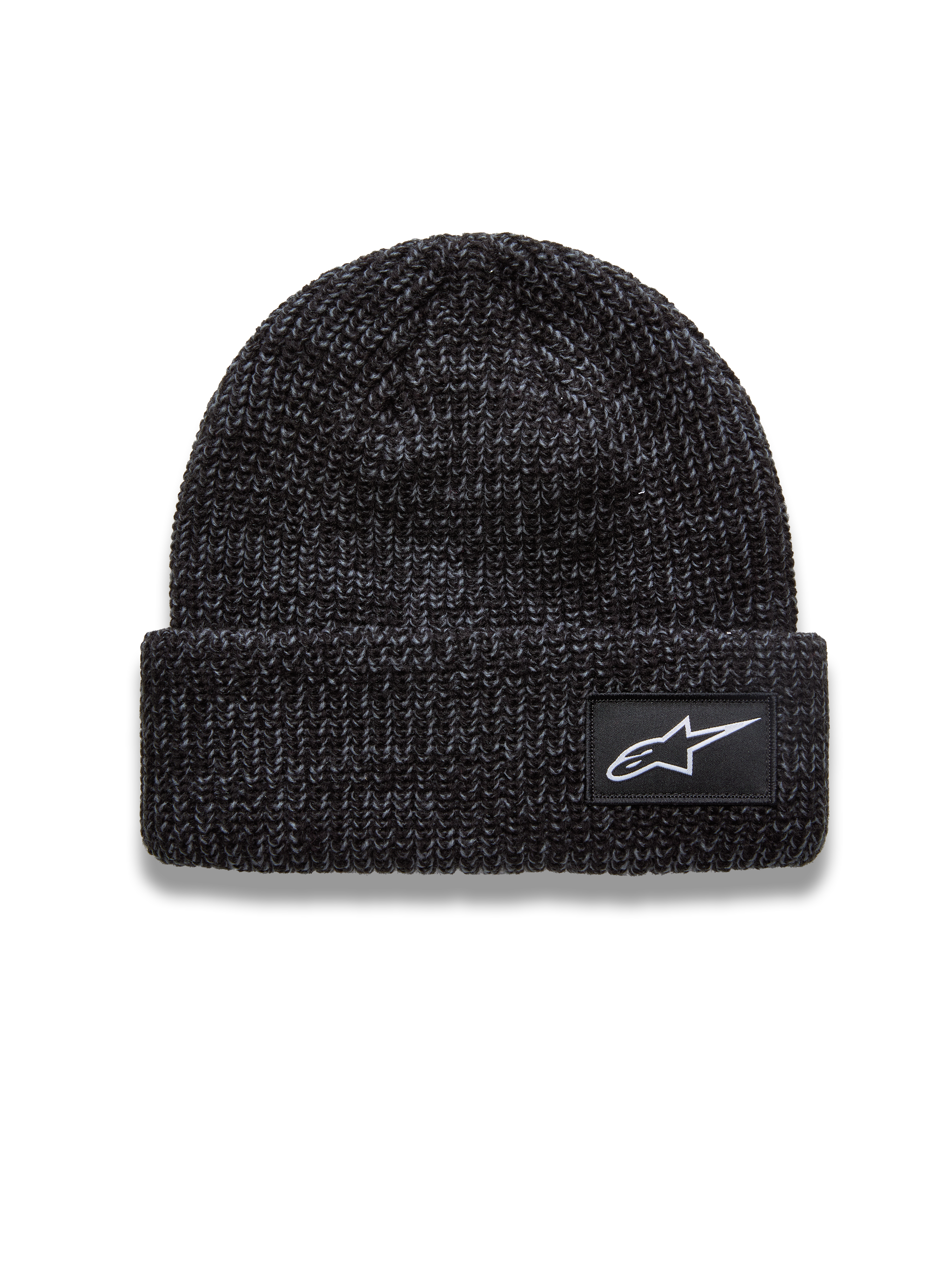 Alpinestars Unload Rib Cuff Hue, mørkegrå melange strikket hue med hvidt Astar-logomærke, afslappet motorsport-streetwear.