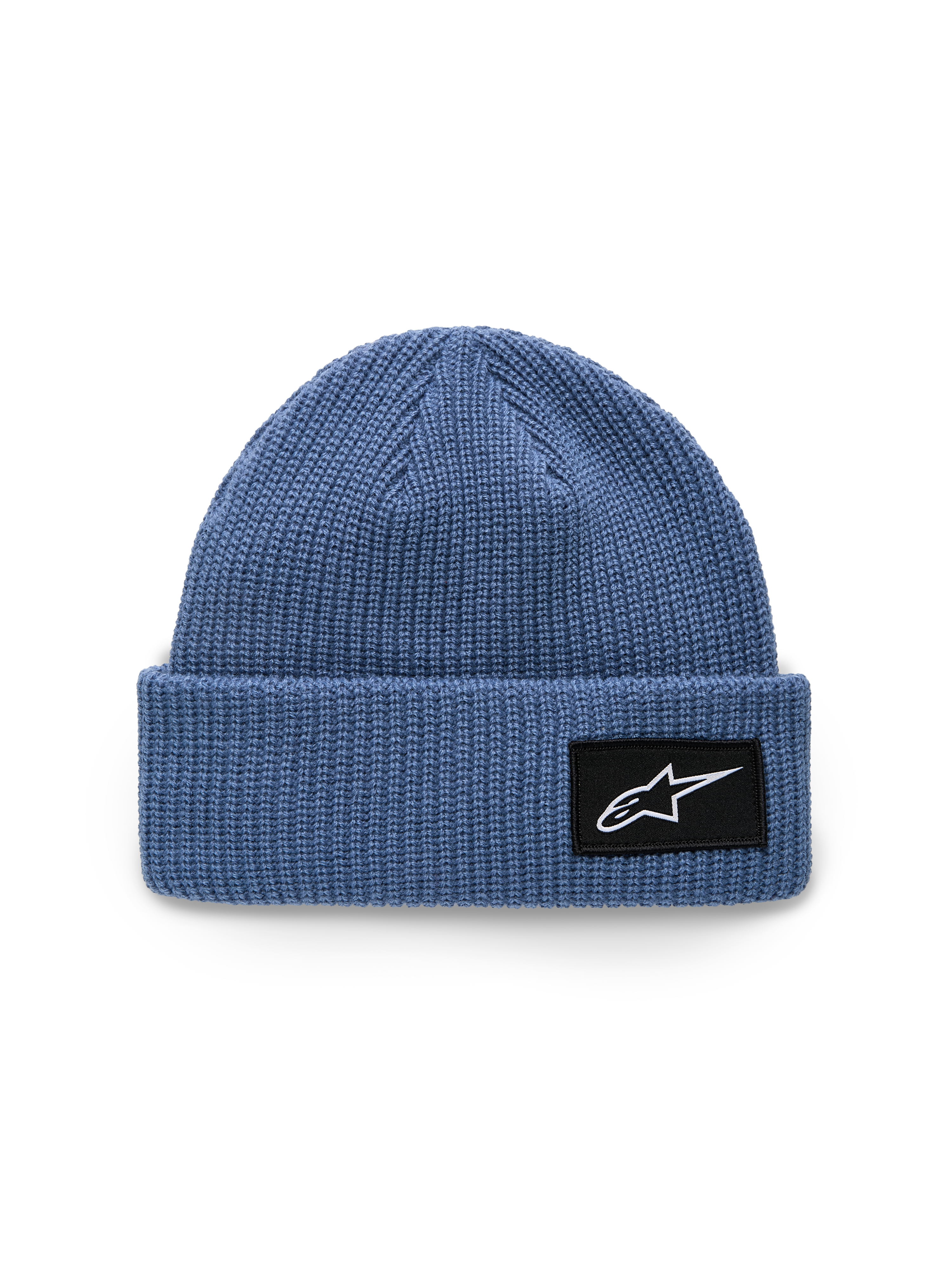 Alpinestars Unload Rib Cuff hue, blå, strikket jersey-konstruktion, lav pasform med opslag, sort vævet patch med hvidt Astars-logo, casual sportswear hovedbeklædning