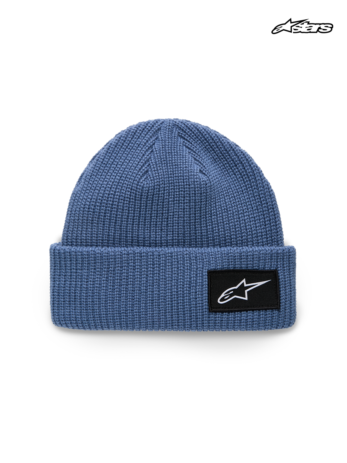 Alpinestars Unload Rib Cuff Beanie, blå strikket hue med opslag og vævet Astars logo-patch