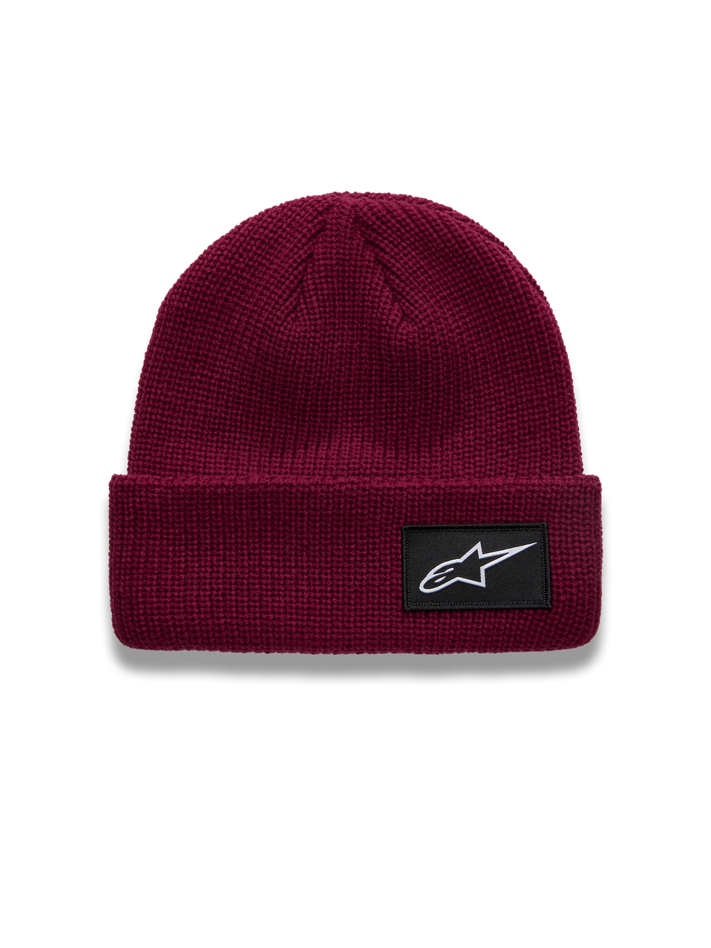 Alpinestars Unload Rib Cuff Hue, mørkerød beanie med strikket jersey-søm og sort vævet Astars-logopatch, afslappet sportswear