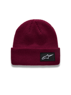 Alpinestars Unload Rib Cuff Hue, mørkerød beanie med strikket jersey-søm og sort vævet Astars-logopatch, afslappet sportswear