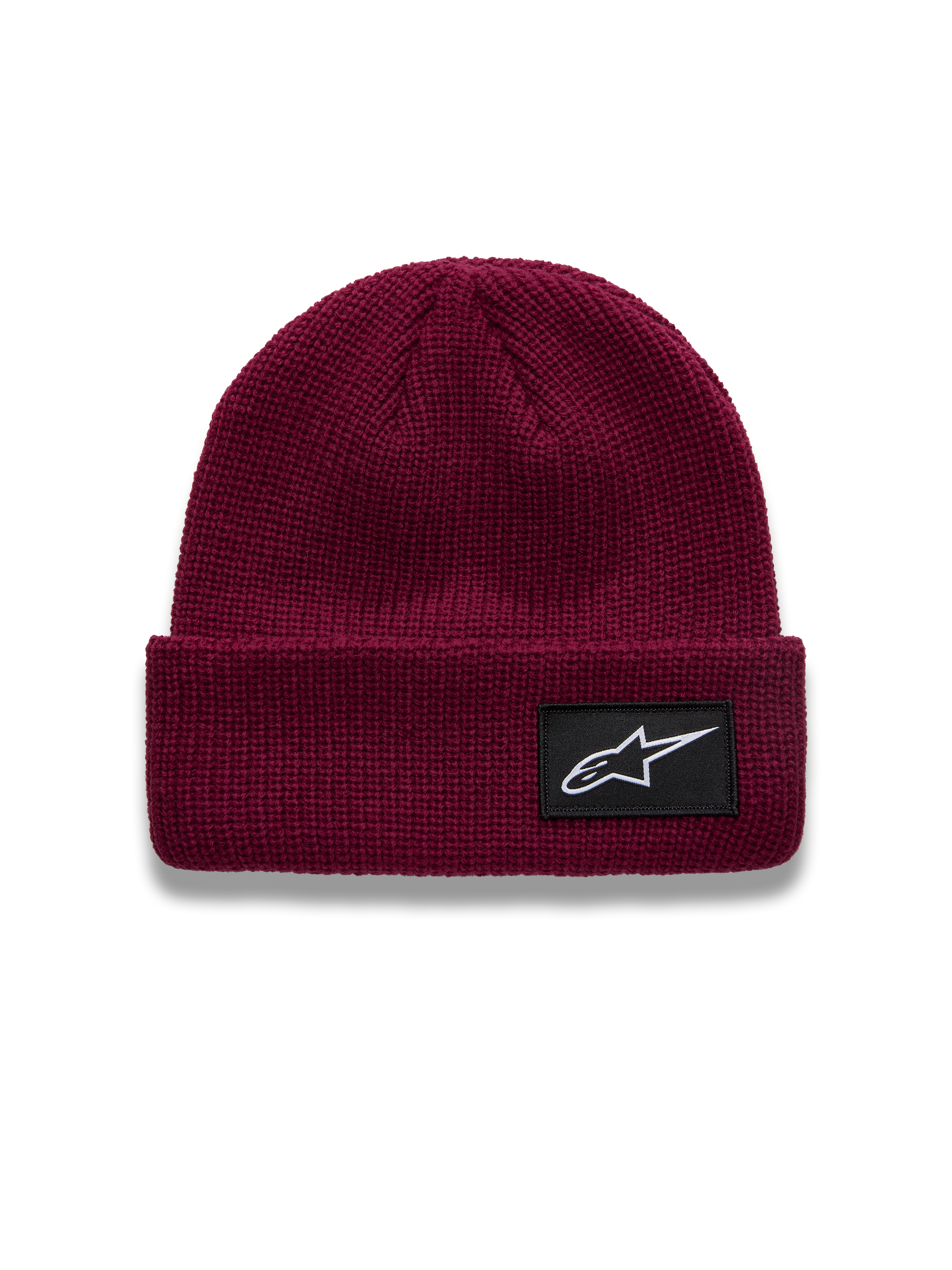 Alpinestars Unload Rib Cuff Hue, mørkerød beanie med strikket jersey-søm og sort vævet Astars-logopatch, afslappet sportswear