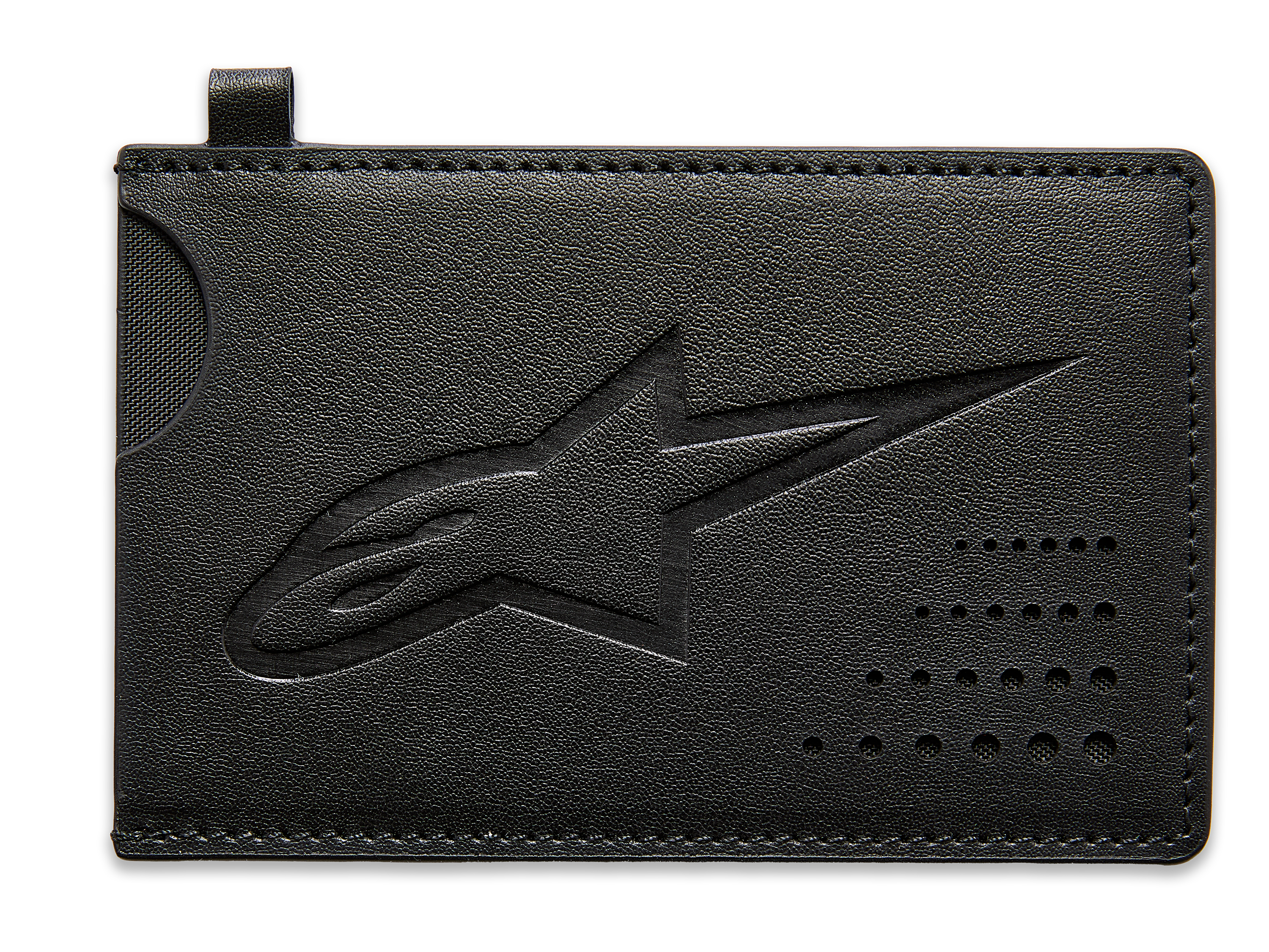 Alpinestars Ageless kreditkortholder, sort kortholder i spaltlæder, præget Astars-logo, buet udskæring for nem adgang til kort, perforerede prikdetaljer, slankt motorsport-inspireret tilbehør