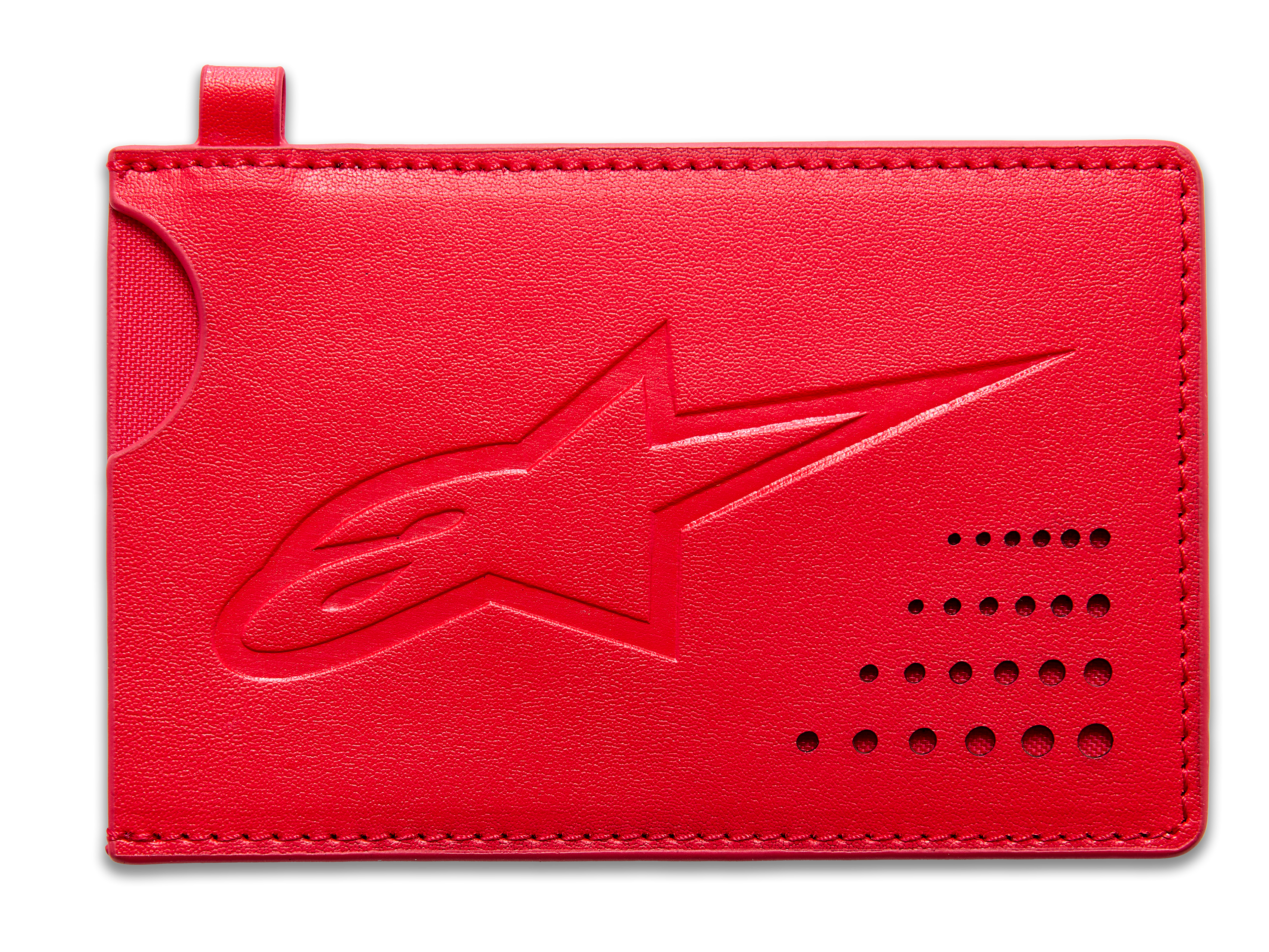 Alpinestars Ageless kreditkortholder, rød, klassisk pung i splitlæder, præget Astars-logo, buet udskæring, perforeret hjørnedetalje, slankt minimalistisk tilbehør