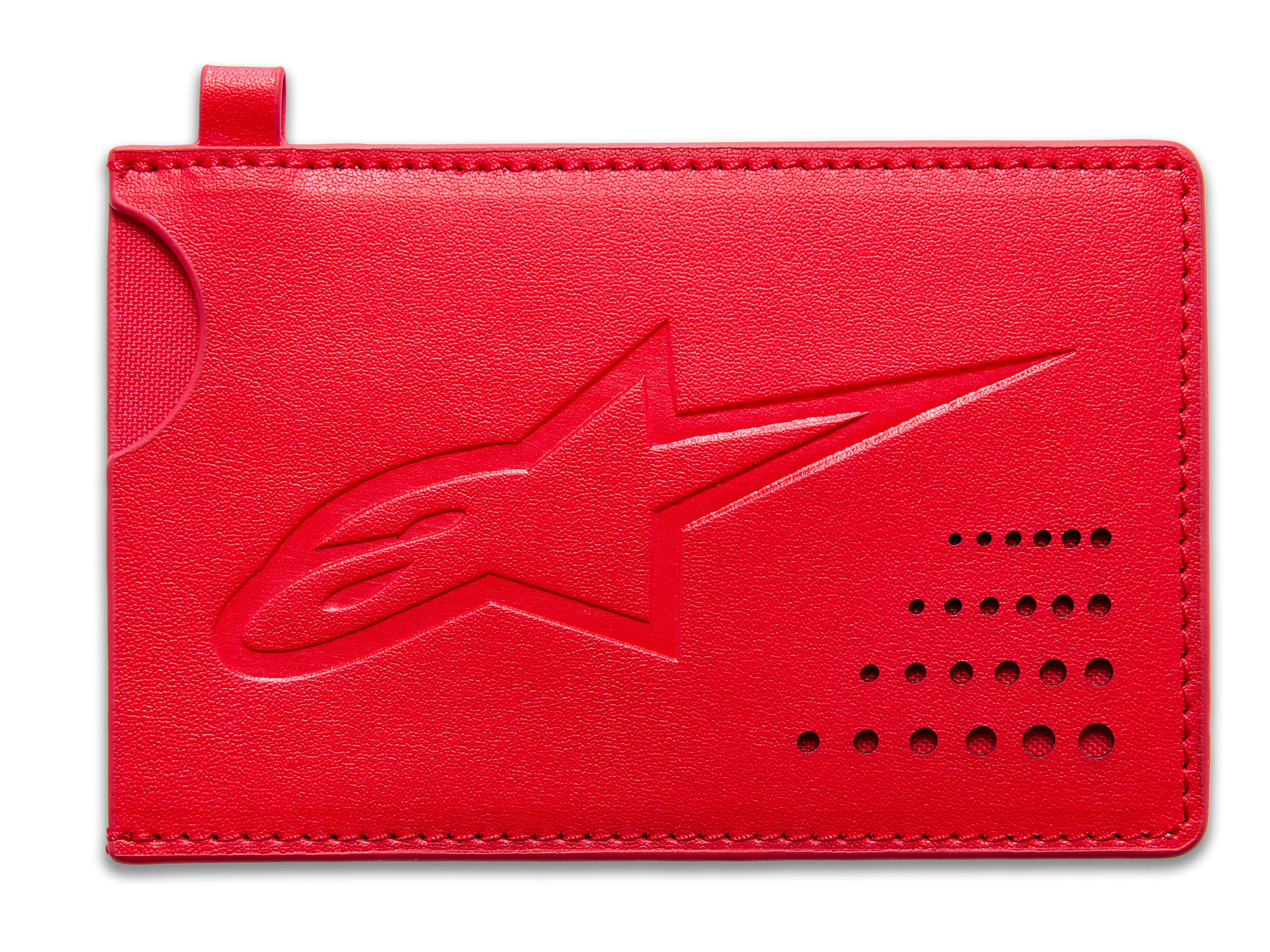 Alpinestars Ageless kreditkortholder, rød minimalistisk pung i spaltlæder med præget logo og buet udskæring til kort.
