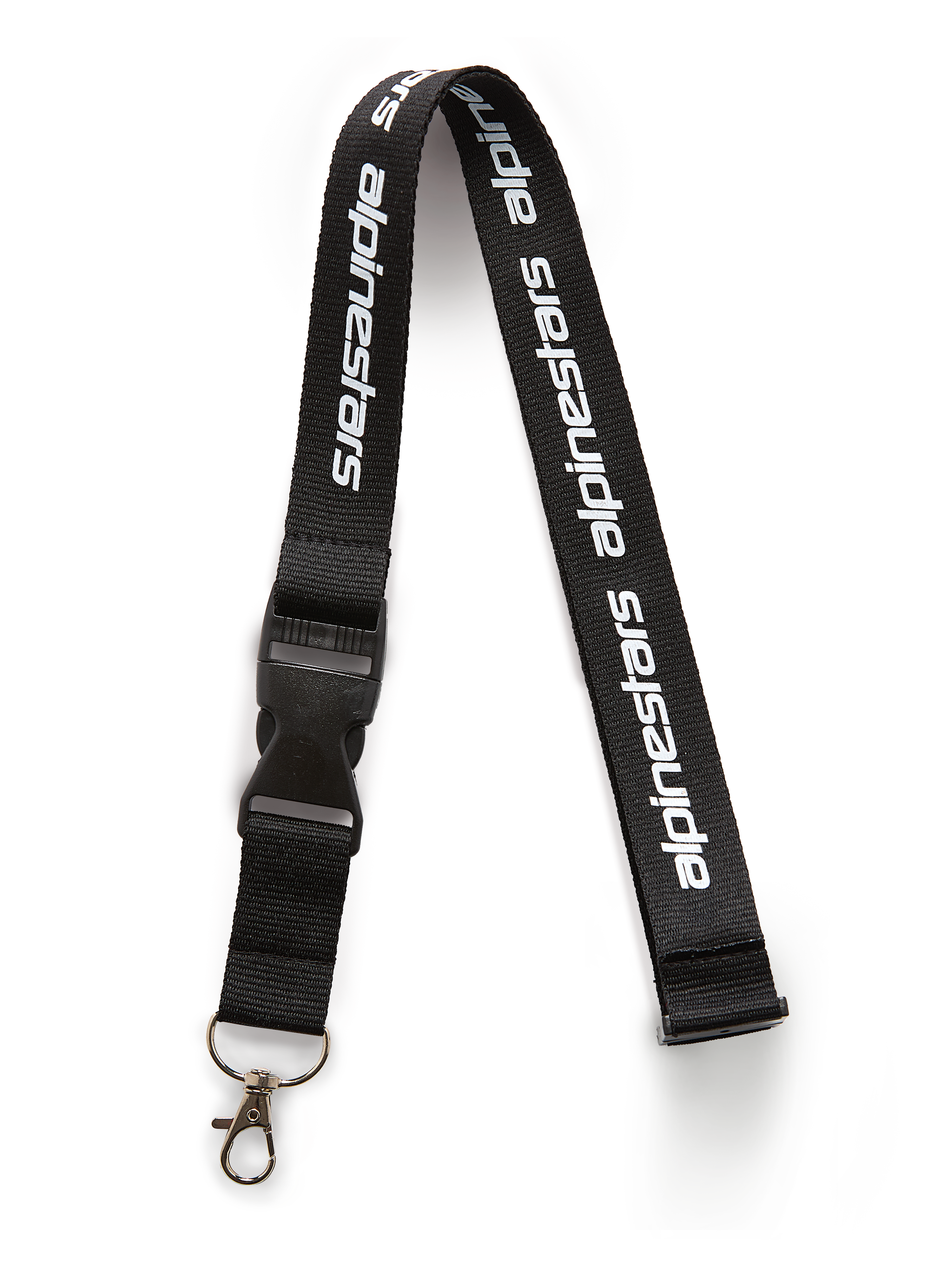 Alpinestars Linear nøglesnor, sort og hvid, sort rem med hvidt trykt Alpinestars-logo, med sort sikkerhedsspænde i plast og en metaldrejekrog, casual sportswear-tilbehør
