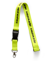 Alpinestars Linear Lanyard, Hi Vis Yellow with black printed logo, features a black breakaway plastic buckle and metal swivel clip, 20-inch polyester neck strap, motorsport-inspired accessory
