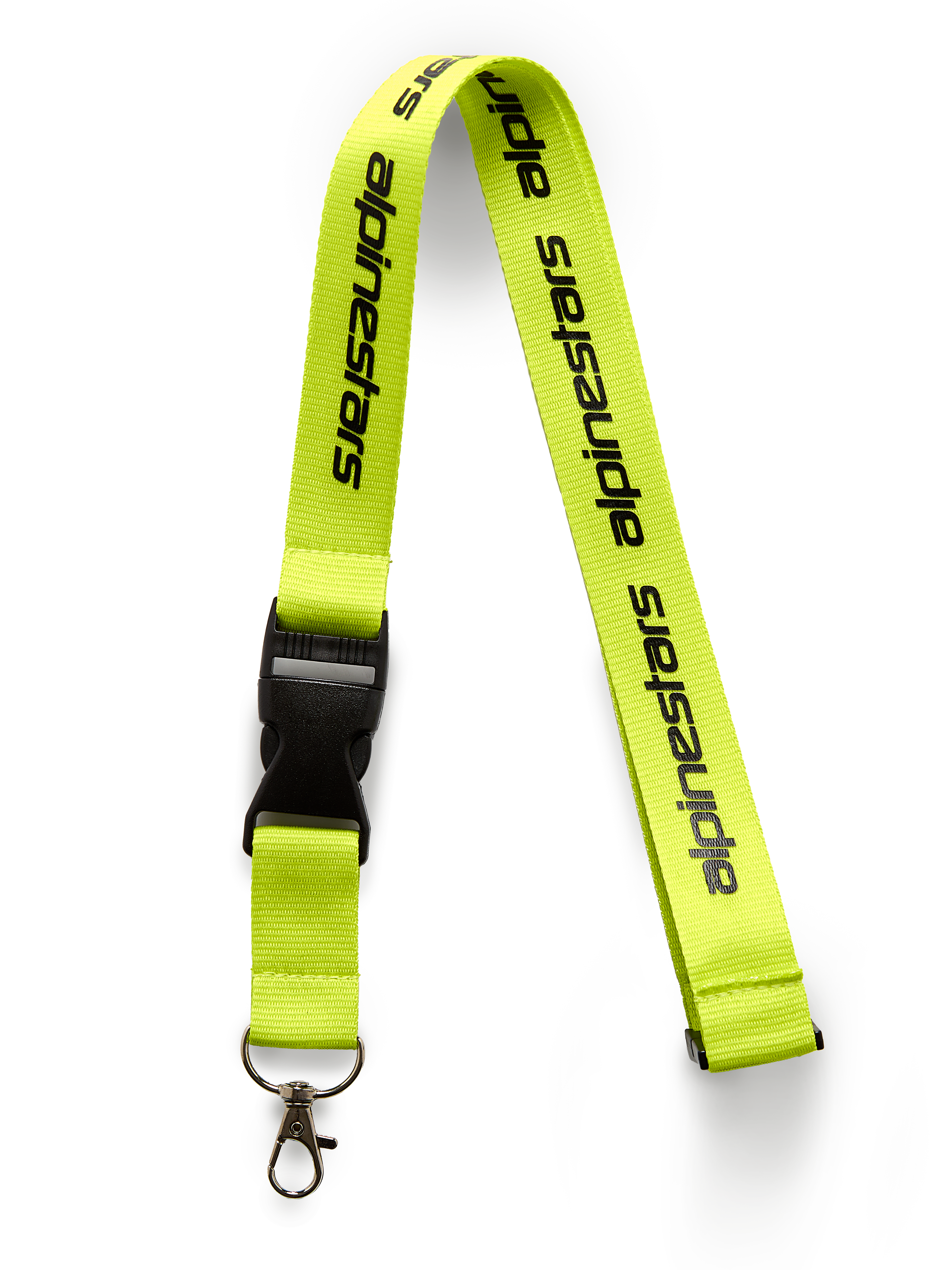 Alpinestars Linear nøglesnor, high vis-gul med sort trykt logo, sort sikkerhedsspænde i plast og drejeklip i metal, 51 cm polyesterrem, motorsport-inspireret tilbehør
