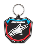 Alpinestars Plate nøglering, 3D-formet nøglering, sort, blå og rød, skjoldformet motocross-pladedesign med hvidt stjernelogo og metalring, casual motorsport-tilbehør