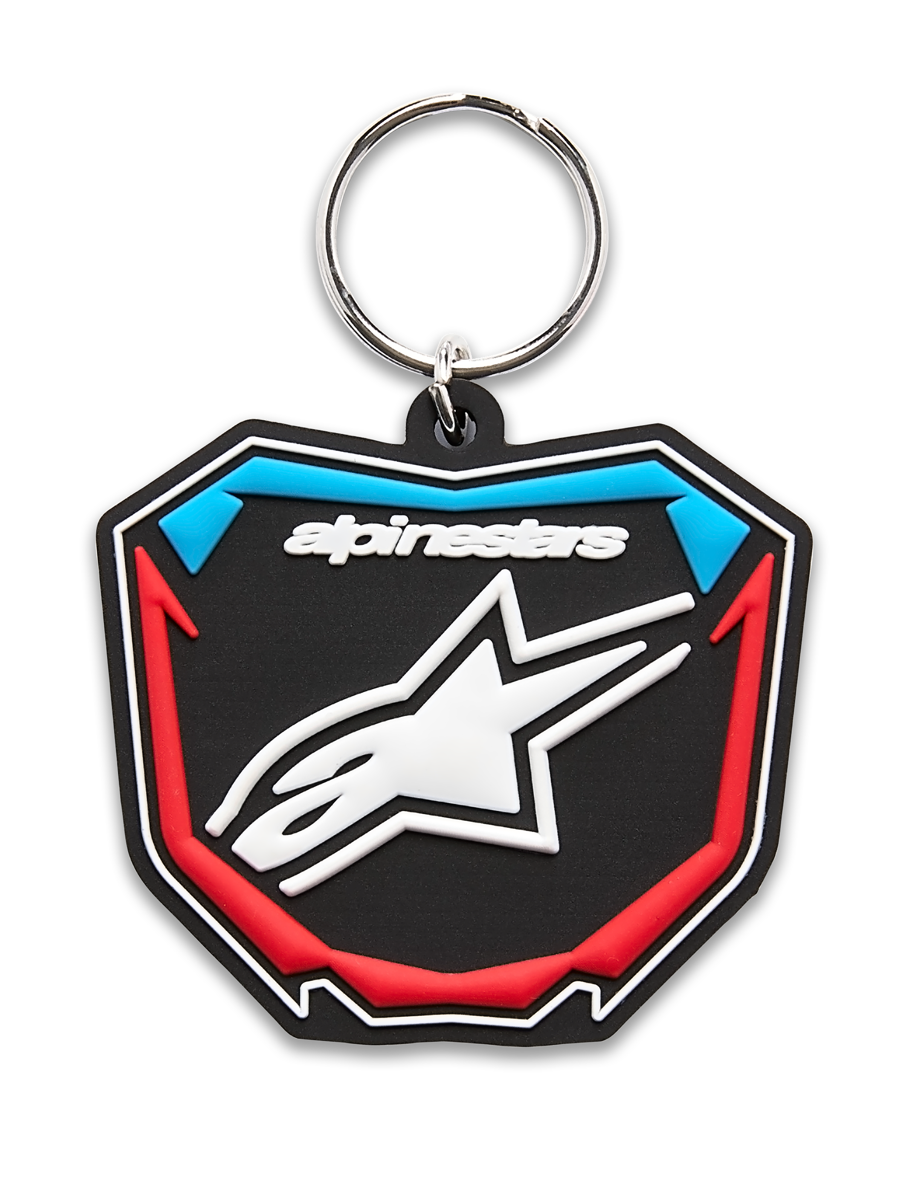 Alpinestars Plate nøglering, 3D-formet nøglering, sort, blå og rød, skjoldformet motocross-pladedesign med hvidt stjernelogo og metalring, casual motorsport-tilbehør