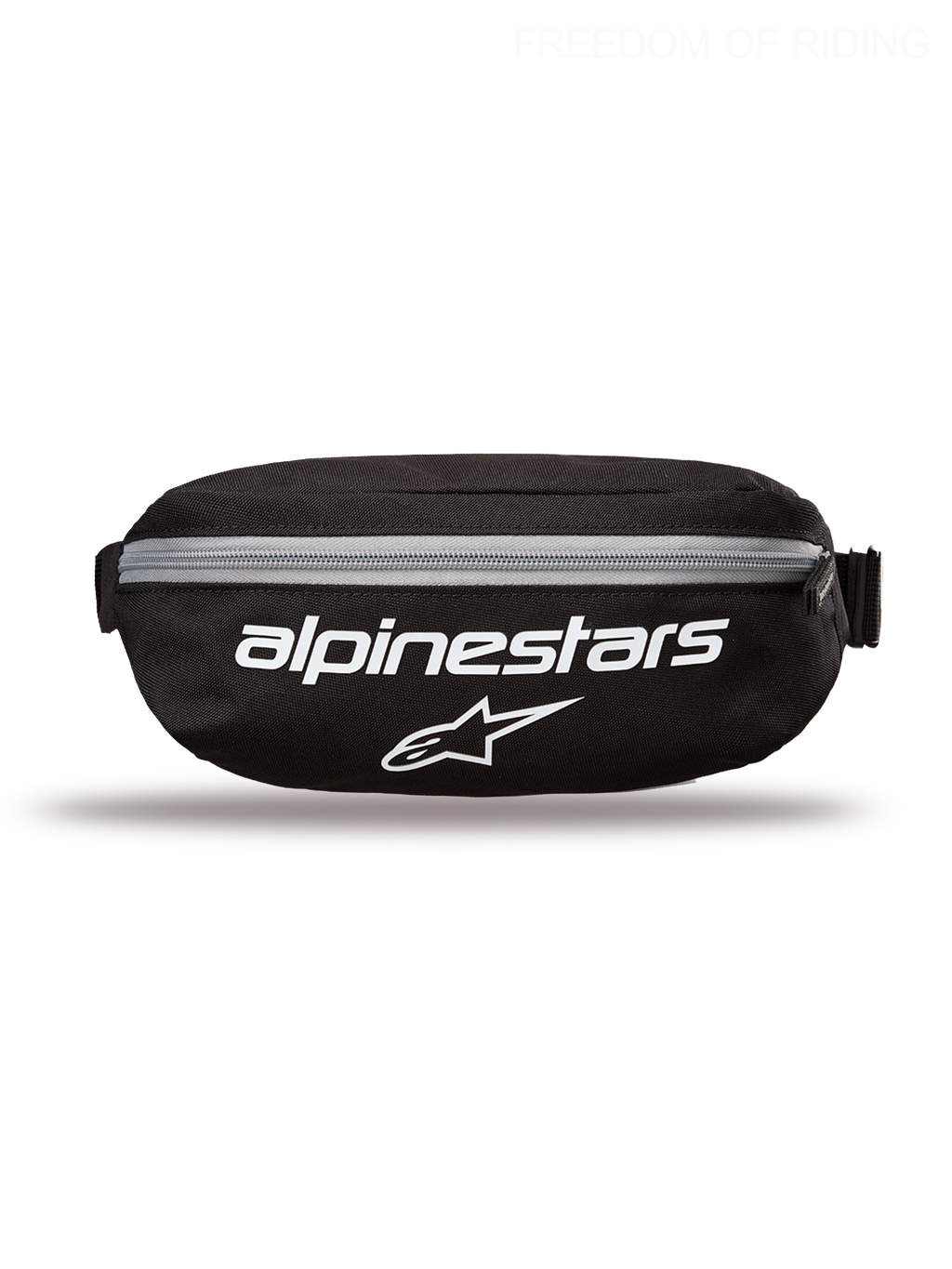 Alpinestars Only Linear Hoftebæltetaske, sportstøj og casual bæltetaske til mænd og kvinder, sort og hvid, holdbar 600D polyester, 2L kapacitet, med stort hvidt Alpinestars-logo på fronten og justerbar rem.