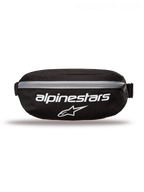 Alpinestars Only Linear Hoftebæltetaske, sportstøj og casual bæltetaske til mænd og kvinder, sort og hvid, holdbar 600D polyester, 2L kapacitet, med stort hvidt Alpinestars-logo på fronten og justerbar rem.
