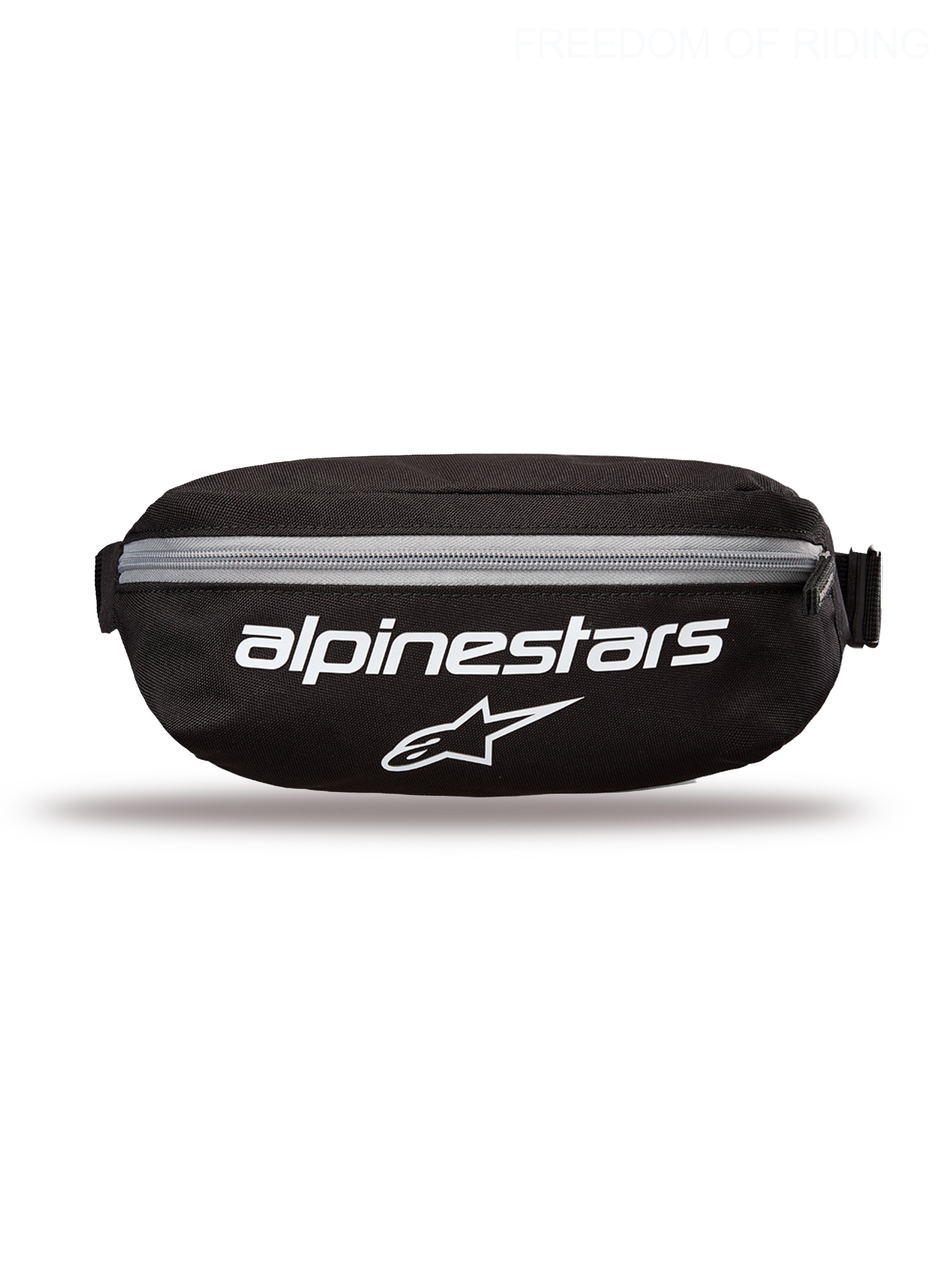 Alpinestars Only Linear Hoftebæltetaske, sportstøj og casual bæltetaske til mænd og kvinder, sort og hvid, holdbar 600D polyester, 2L kapacitet, med stort hvidt Alpinestars-logo på fronten og justerbar rem.