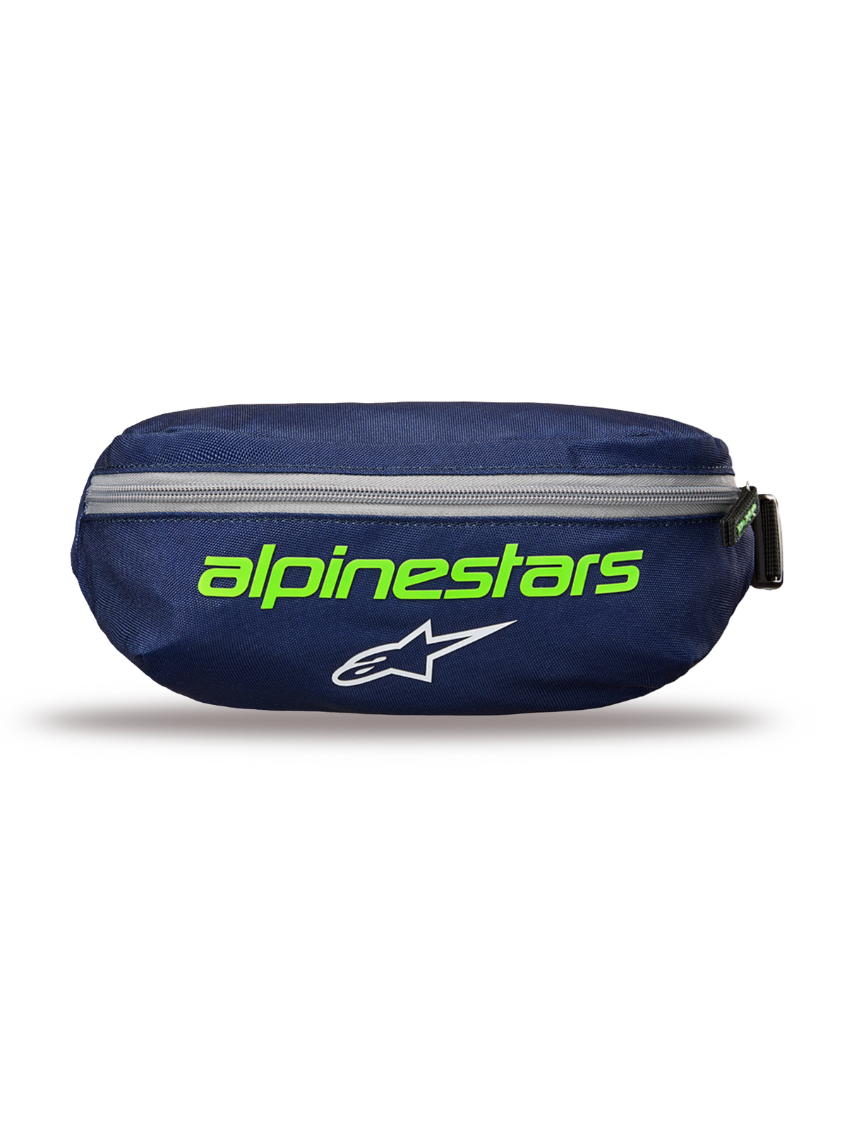 Alpinestars Only Linear Hip Bag, Navy Green waist pack, dark blue with bright green Alpinestars text and white star logo, horizontal gray zipper, durable polyester construction, compact accessory for everyday use.