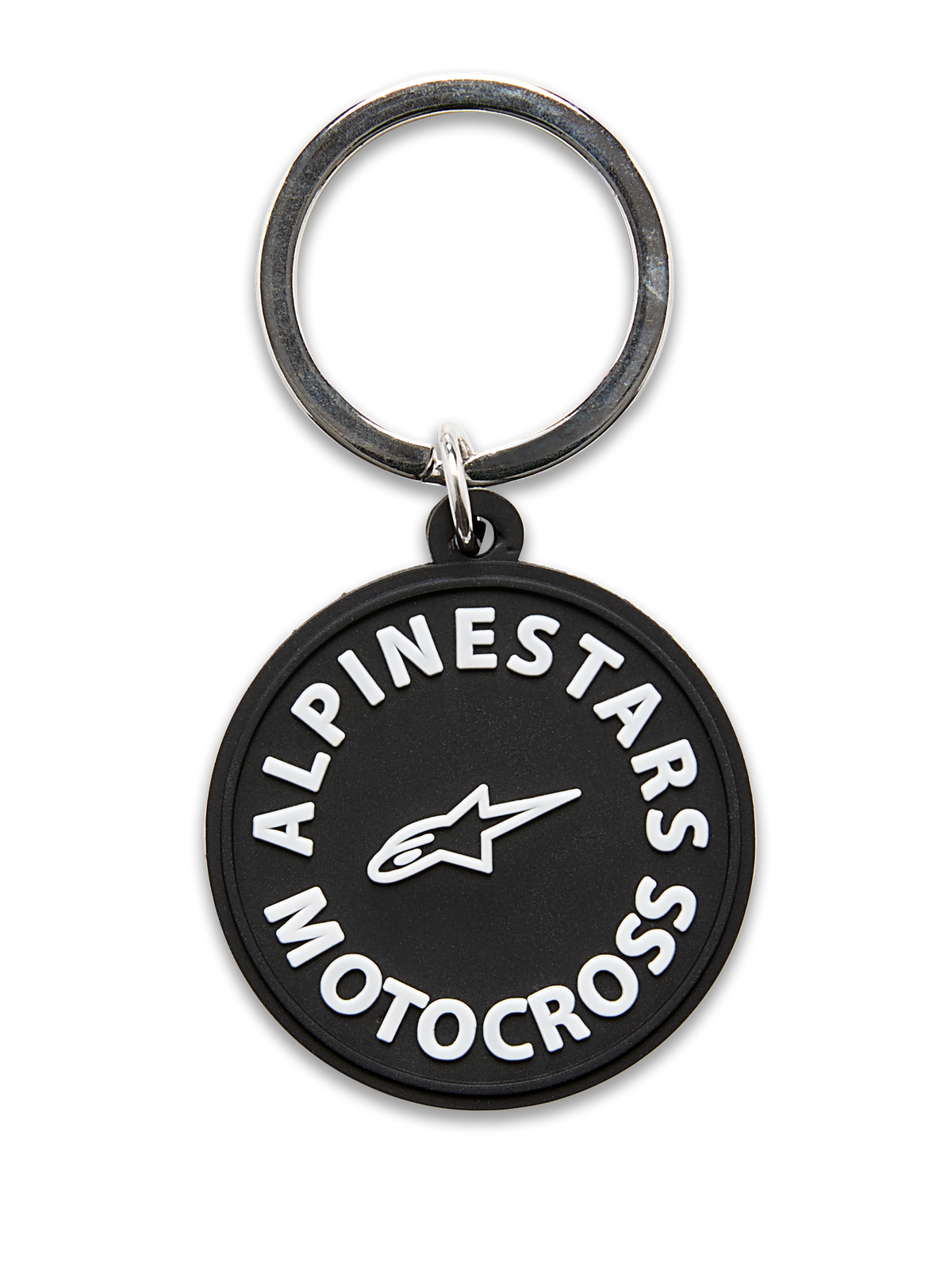 Alpinestars MX nøglering, cirkulær 3D-støbt nøglering, sort med hvid Alpinestars Motocross-grafik og stjerne-logo, sølvfarvet metalsnaplås, holdbart tilbehør til daglig brug