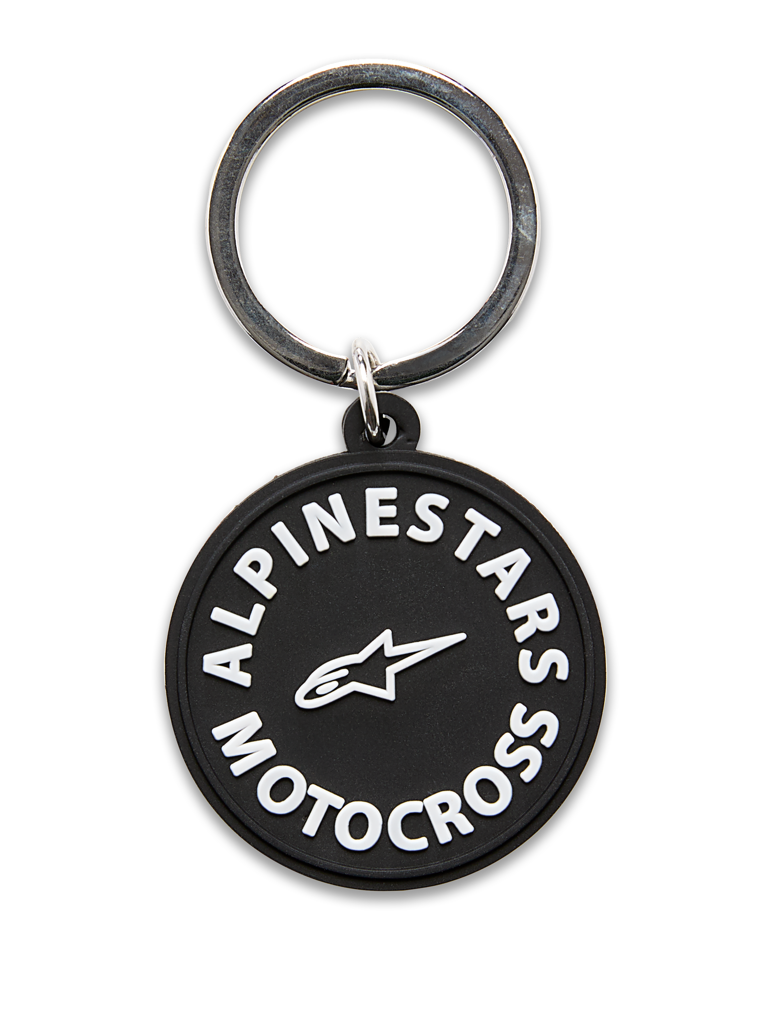 Alpinestars MX nøglering, cirkulær 3D-støbt nøglering, sort med hvid Alpinestars Motocross-grafik og stjerne-logo, sølvfarvet metalsnaplås, holdbart tilbehør til daglig brug