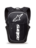 Alpinestars GFX Boss Backpack, mid-size daily backpack, Black and White, featuring a large white Astars logo and vertical branding, side mesh water bottle pockets, padded air mesh shoulder straps, durable construction for casual use