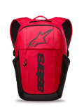 Alpinestars GFX Boss Backpack, red and black daily backpack, 20L capacity, featuring raised black silicone Astars logo and vertical branding, mesh side pockets, padded air mesh straps, durable 600D polyester construction