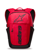 Alpinestars GFX Boss Backpack, red and black daily backpack, 20L capacity, featuring raised black silicone Astars logo and vertical branding, mesh side pockets, padded air mesh straps, durable 600D polyester construction