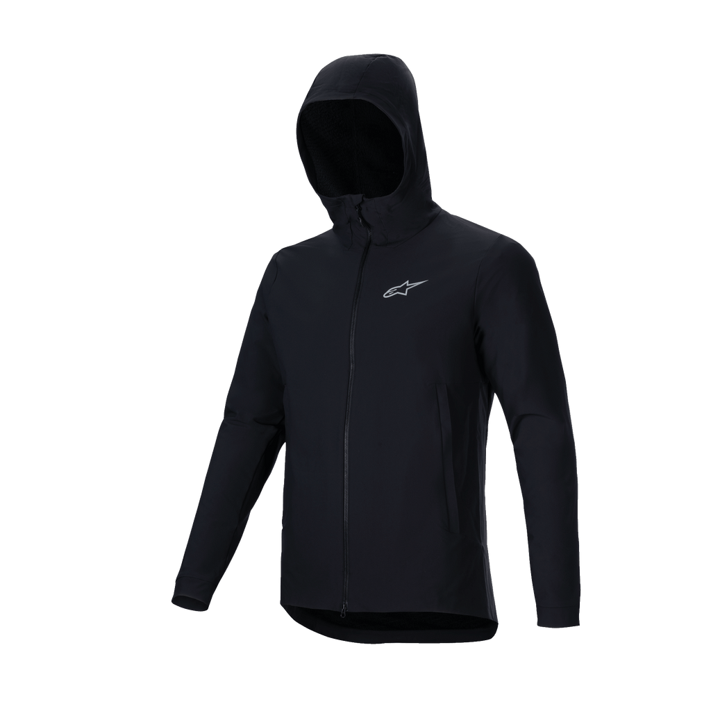 Alpinestars A-Dura Thermal Jacket, sort, letvægts isoleret mountainbike-jakke, design med hætte, gennemgående lynlås foran, reflekterende sølvfarvet Astars-logo på brystet, performance-overtøj til cykling i koldt vejr