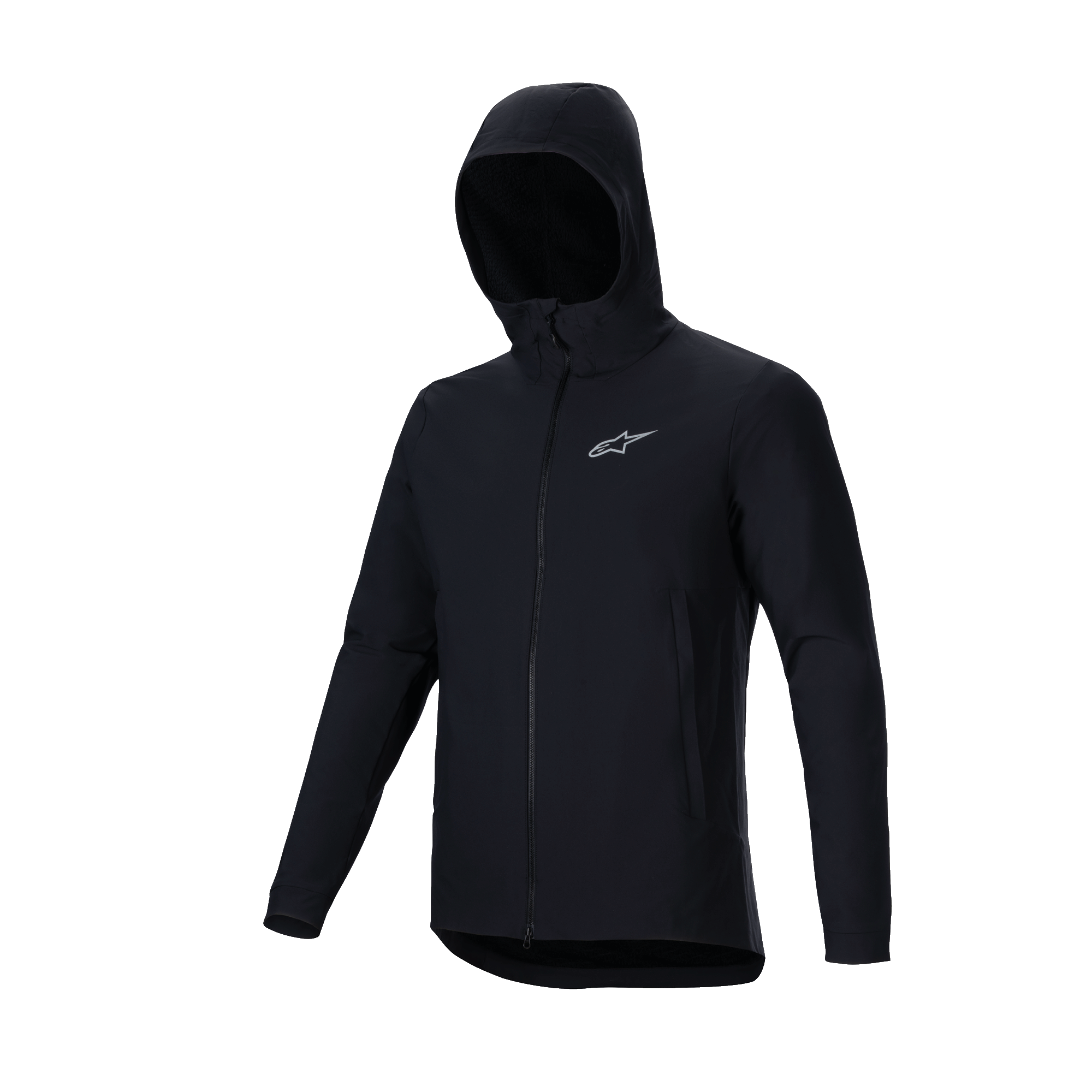 Alpinestars A-Dura Thermal Jacket, sort, letvægts isoleret mountainbike-jakke, design med hætte, gennemgående lynlås foran, reflekterende sølvfarvet Astars-logo på brystet, performance-overtøj til cykling i koldt vejr