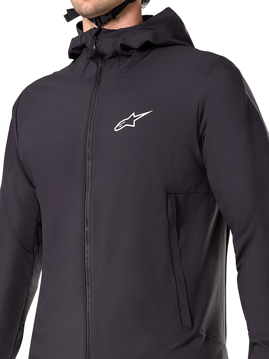 Alpinestars A-Dura Termojakke, sort mountainbike-jakke, nærbillede af det isolerede tekniske materiale, let og åndbart design til terrænkørsel i koldt vejr