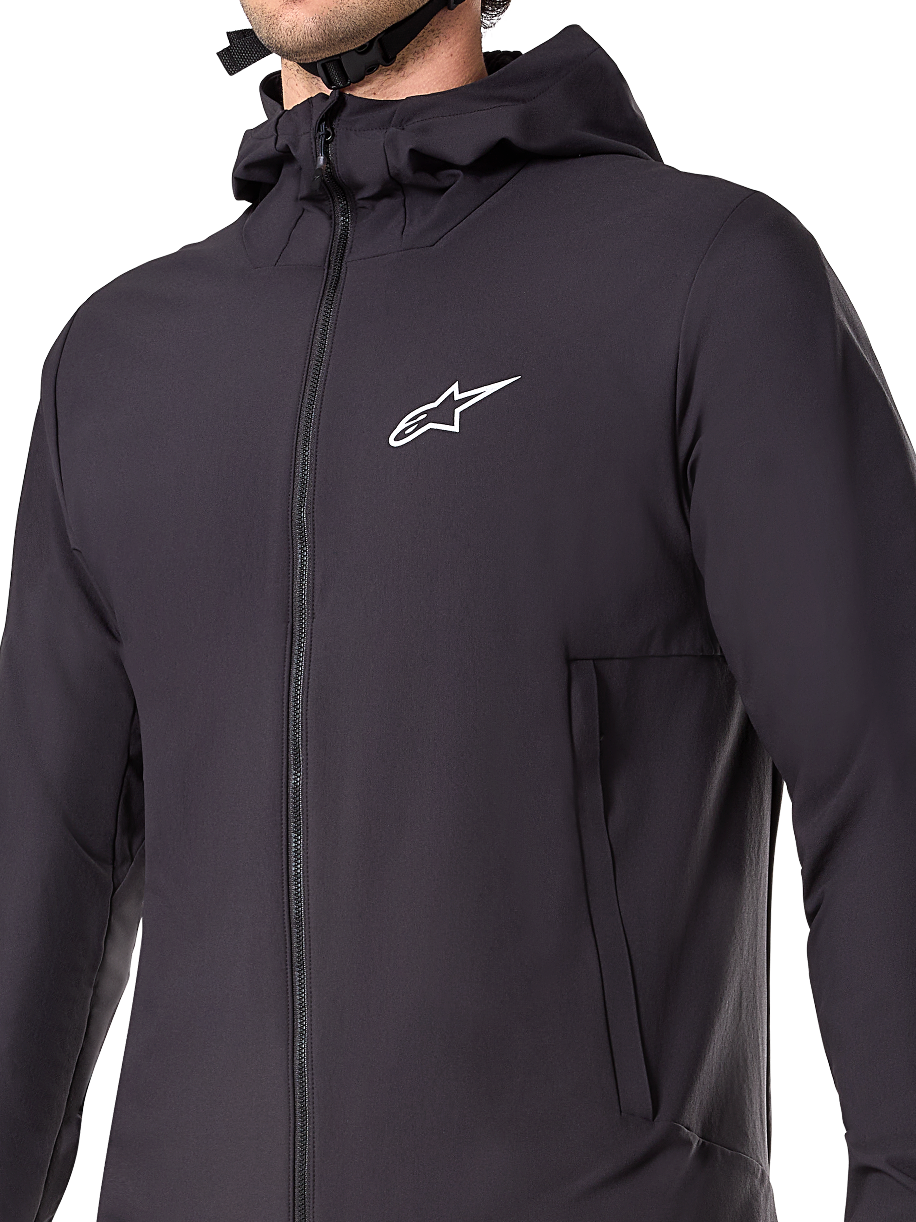 Alpinestars A-Dura Termojakke, sort mountainbike-jakke, nærbillede af det isolerede tekniske materiale, let og åndbart design til terrænkørsel i koldt vejr