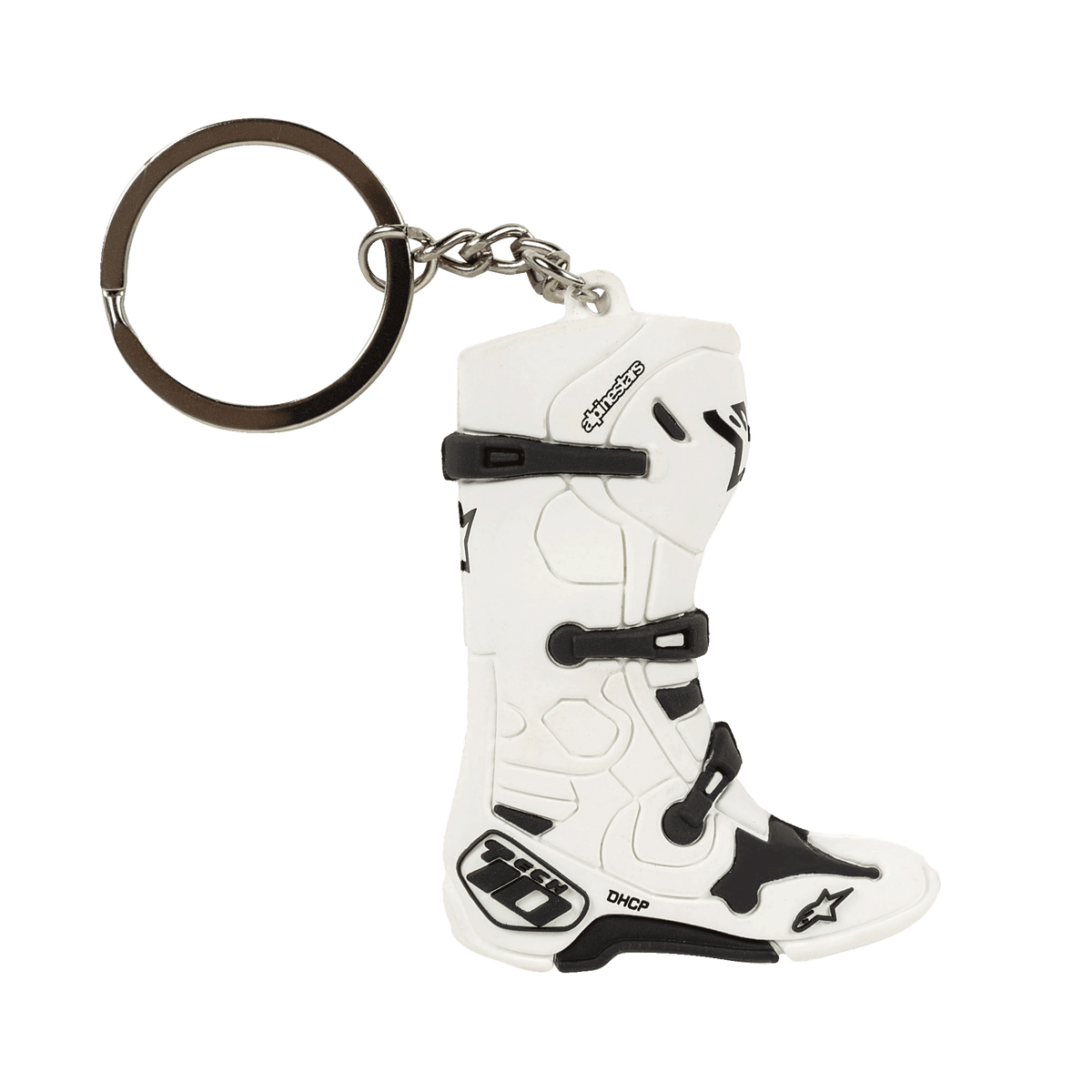 Alpinestars New Tech 10 Boot Keyfob, miniature 3D-nøglering formet som en motocrossstøvle, hvid og sort, med detaljerede spænder og branding, metalring og kæde, motorsport-inspireret tilbehør