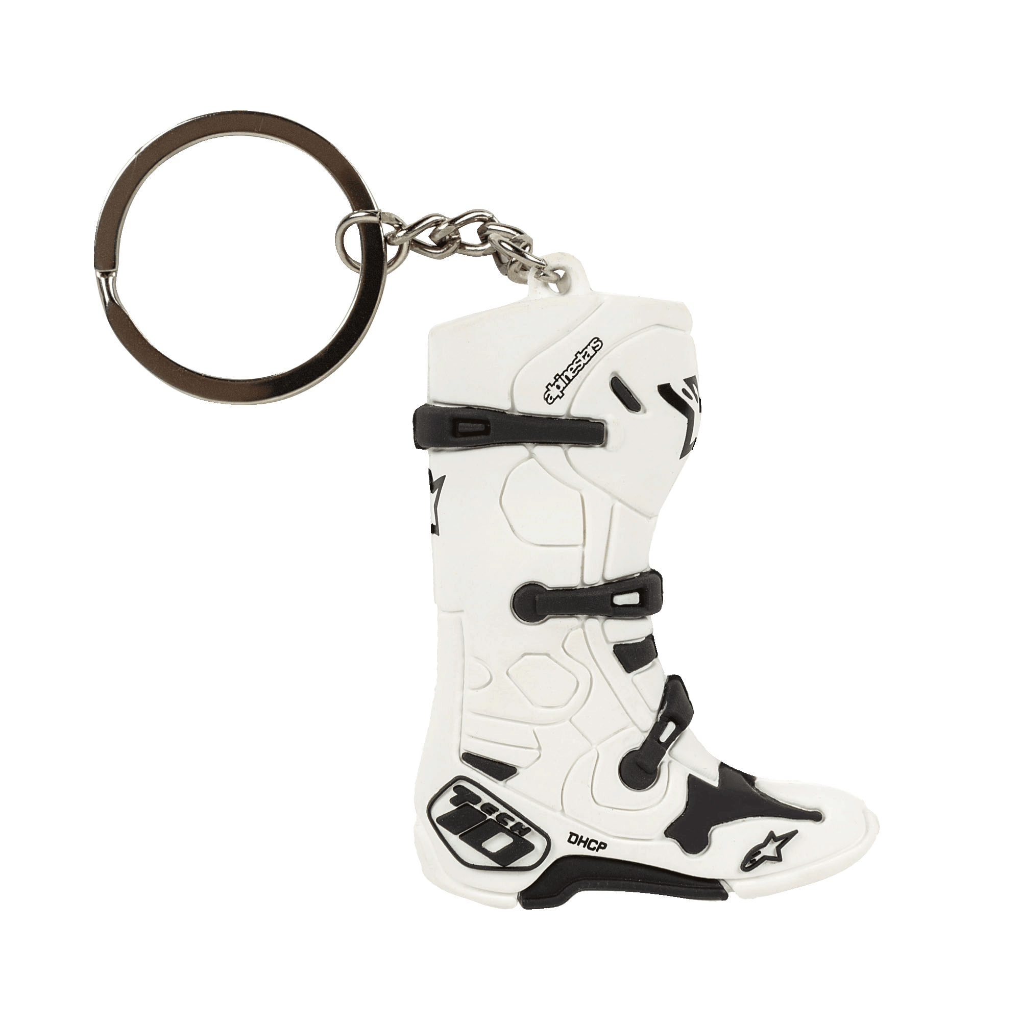 Alpinestars New Tech 10 Boot Keyfob, miniature 3D-nøglering formet som en motocrossstøvle, hvid og sort, med detaljerede spænder og branding, metalring og kæde, motorsport-inspireret tilbehør