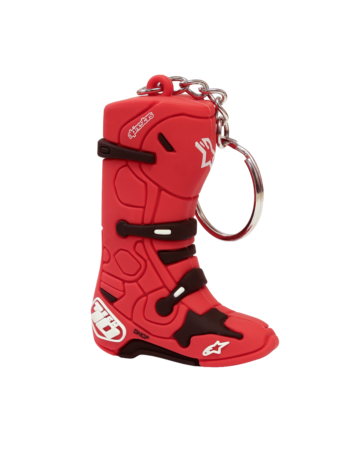 Alpinestars Tech 10 støvle nøglering, motorcykelnøglering, rød og hvid, 3D-replika af den ikoniske motocrossstøvle med en robust metalsnapring