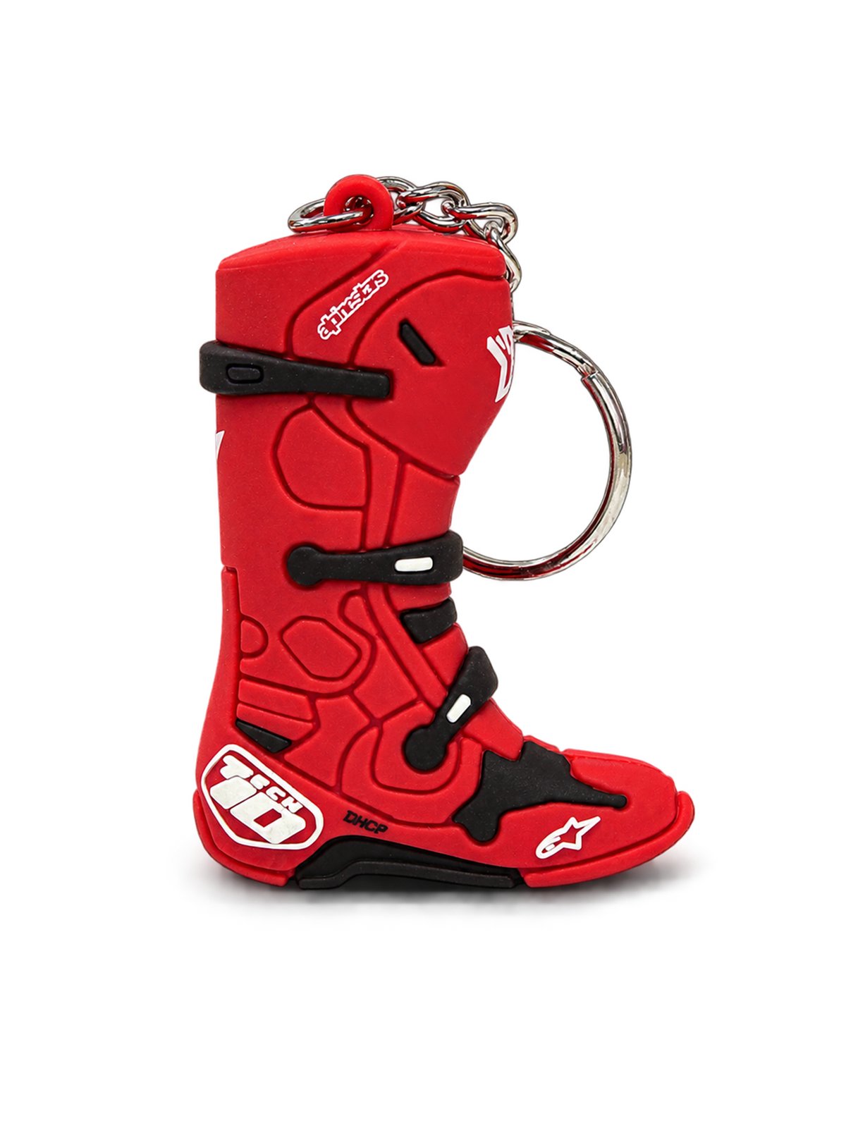 Alpinestars Tech 10 nøglering, 3D-miniatyrereplik af motocrossstøvle, rød og sort med metalsnapring