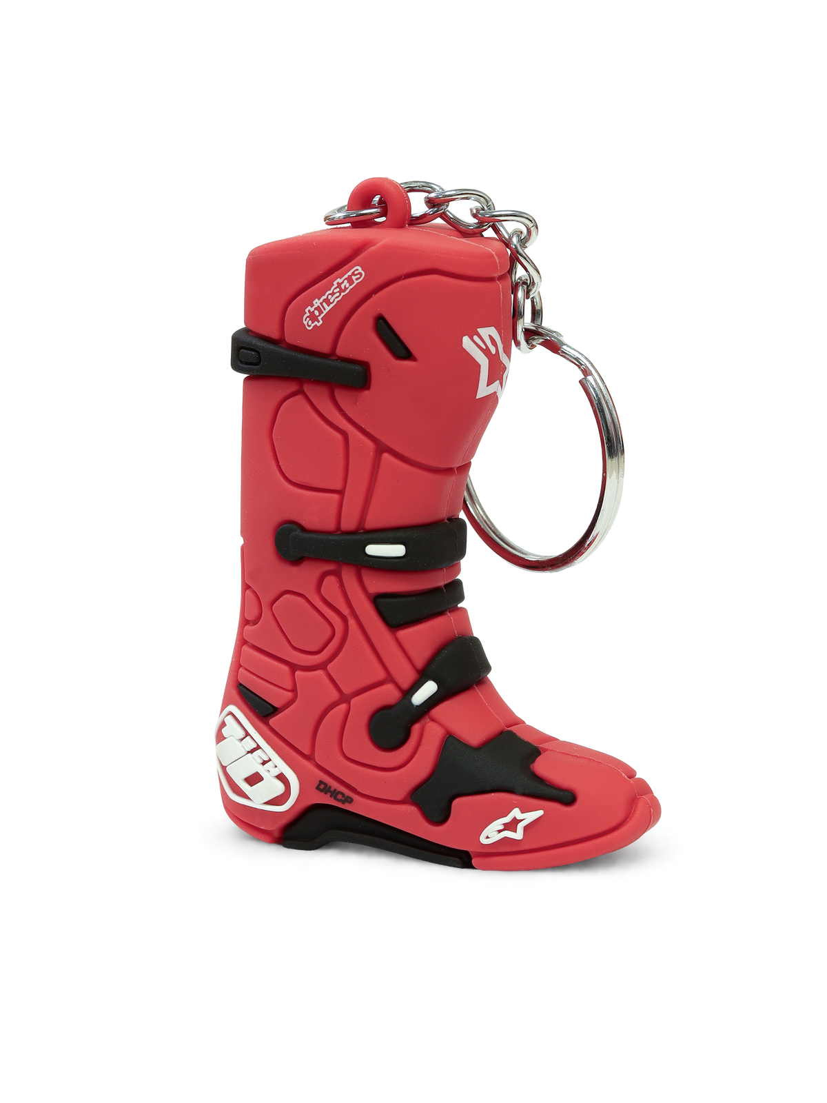 Alpinestars Tech 10 støvle nøglering, 3D motocross støvle nøglering, rød med sorte og hvide detaljer, slidstærkt syntetisk materiale med metalring