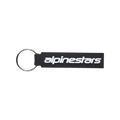 Alpinestars Linear Key Fob, sort rektangulær nøglering med hvidt Alpinestars-logo, sølvfarvet metalring, premium 3D-støbt PVC-konstruktion, motorsport-inspireret tilbehør