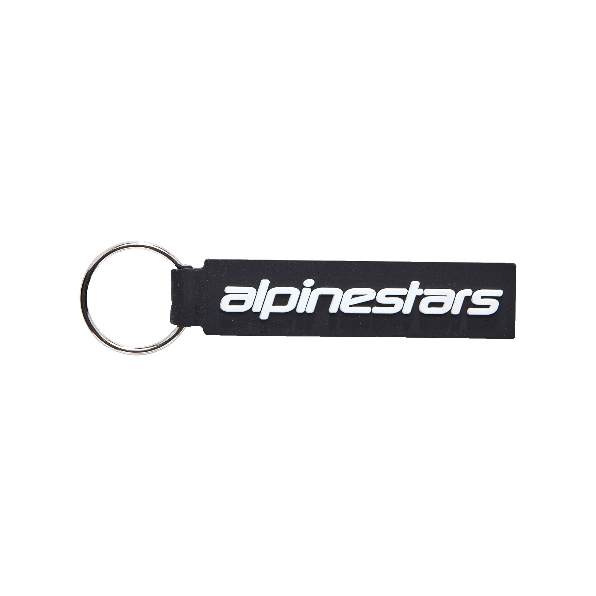 Alpinestars Linear Key Fob, sort rektangulær nøglering med hvidt Alpinestars-logo, sølvfarvet metalring, premium 3D-støbt PVC-konstruktion, motorsport-inspireret tilbehør
