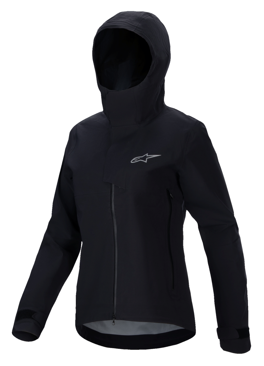 Alpinestars Stella A-Dura Elite vandtæt jakke, MTB-jakke til kvinder, sort, med hætte og beskyttende stormflap, lynlås foran, sidelommer med lynlås og justerbare velcromanchetter, teknisk vandtæt stof med et sølvlogo på brystet