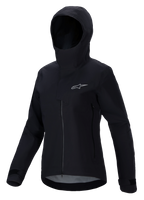 Alpinestars Stella A-Dura Elite vandtæt jakke, MTB-jakke til kvinder, sort, med hætte og beskyttende stormflap, lynlås foran, sidelommer med lynlås og justerbare velcromanchetter, teknisk vandtæt stof med et sølvlogo på brystet