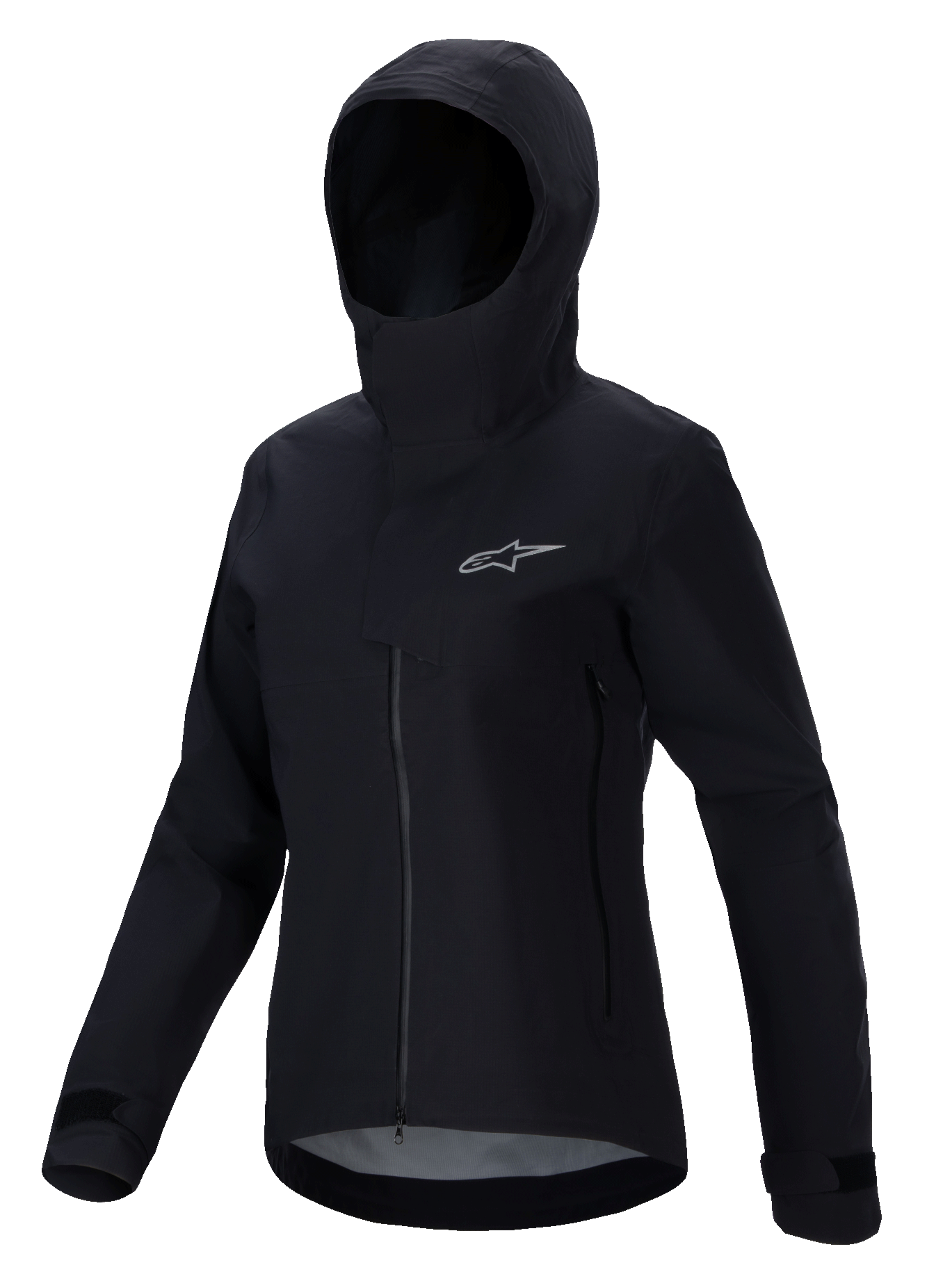 Alpinestars Stella A-Dura Elite vandtæt jakke, MTB-jakke til kvinder, sort, med hætte og beskyttende stormflap, lynlås foran, sidelommer med lynlås og justerbare velcromanchetter, teknisk vandtæt stof med et sølvlogo på brystet