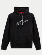 Alpinestars Ageless V3 Hoodie, casual streetwear, black with large grey embroidered star logo, drawstring hood with grey cords, kangaroo pocket, long sleeves, modern motorsport-inspired design