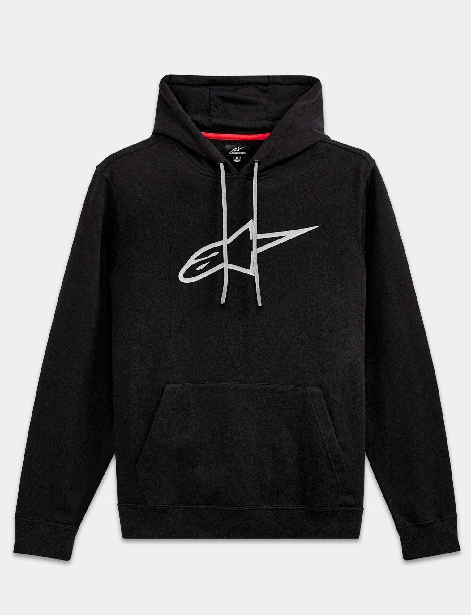 Alpinestars Ageless V3 hættetrøje, sportswear-pullover i fleece, sort og grå, 80% bomuldsfleece-konstruktion med stort broderet stjernelogo, kængurulomme og justerbar hætte med snøre.