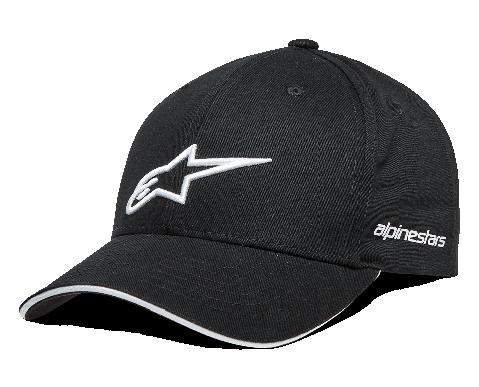 Alpinestars Rostrum kasket, sort baseballkasket med hvidt 3D-broderet stjernelogo, buet skygge med hvid sandwich-detalje, Alpinestars-navnetræk på siden, motorsport-lifestyle hovedbeklædning