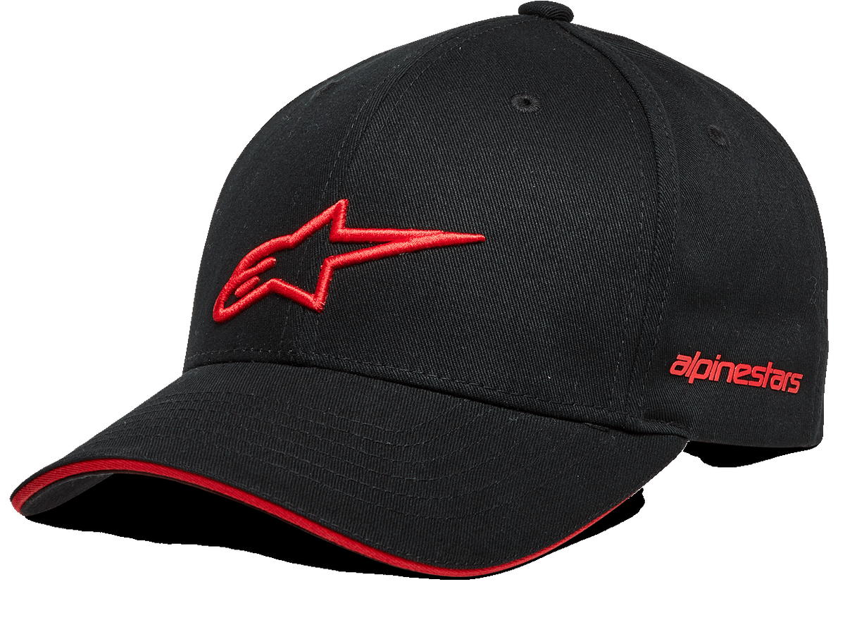 Alpinestars Rostrum Hat, Black Baseball Cap with Red 3D Star Logo, Curved Brim with Red Sandwich Bill Detail, Embroidered Alpinestars Side Branding, Casual Motorsport Headwear