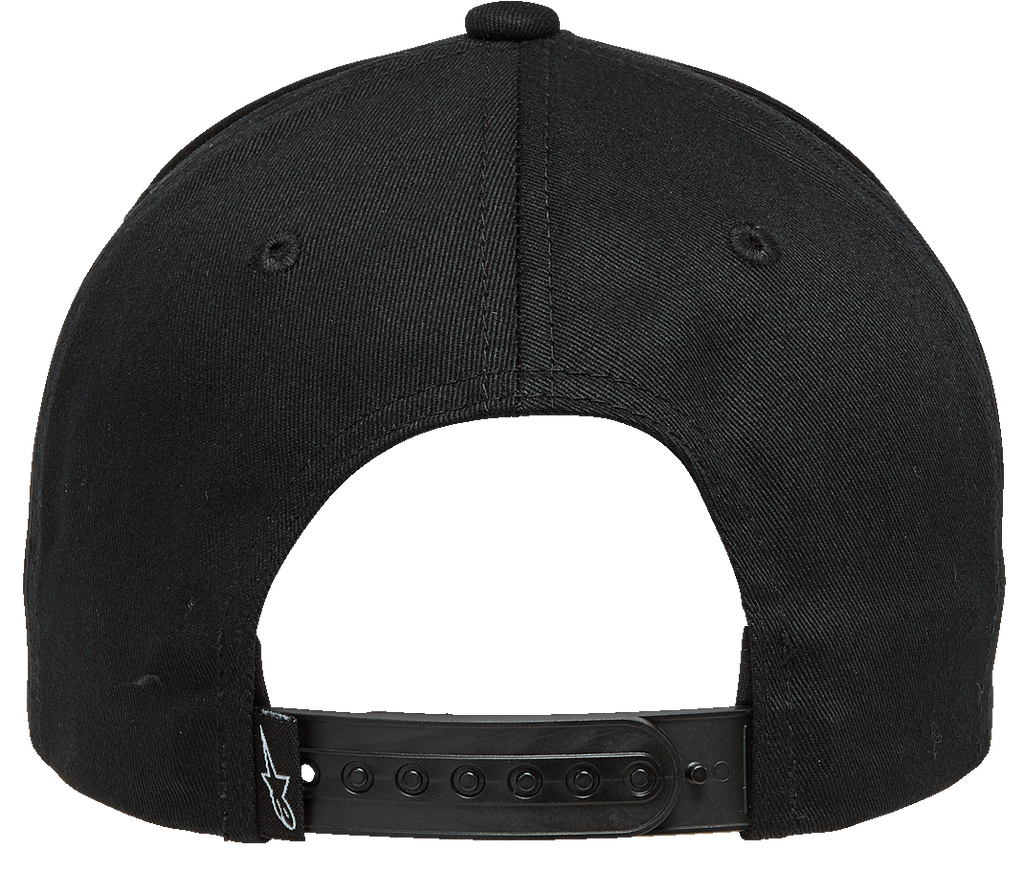 Alpinestars Rostrum Hat, Rear View, Black, Adjustable snapback closure with small white star logo, Twill fabric motorsport-inspired headwear