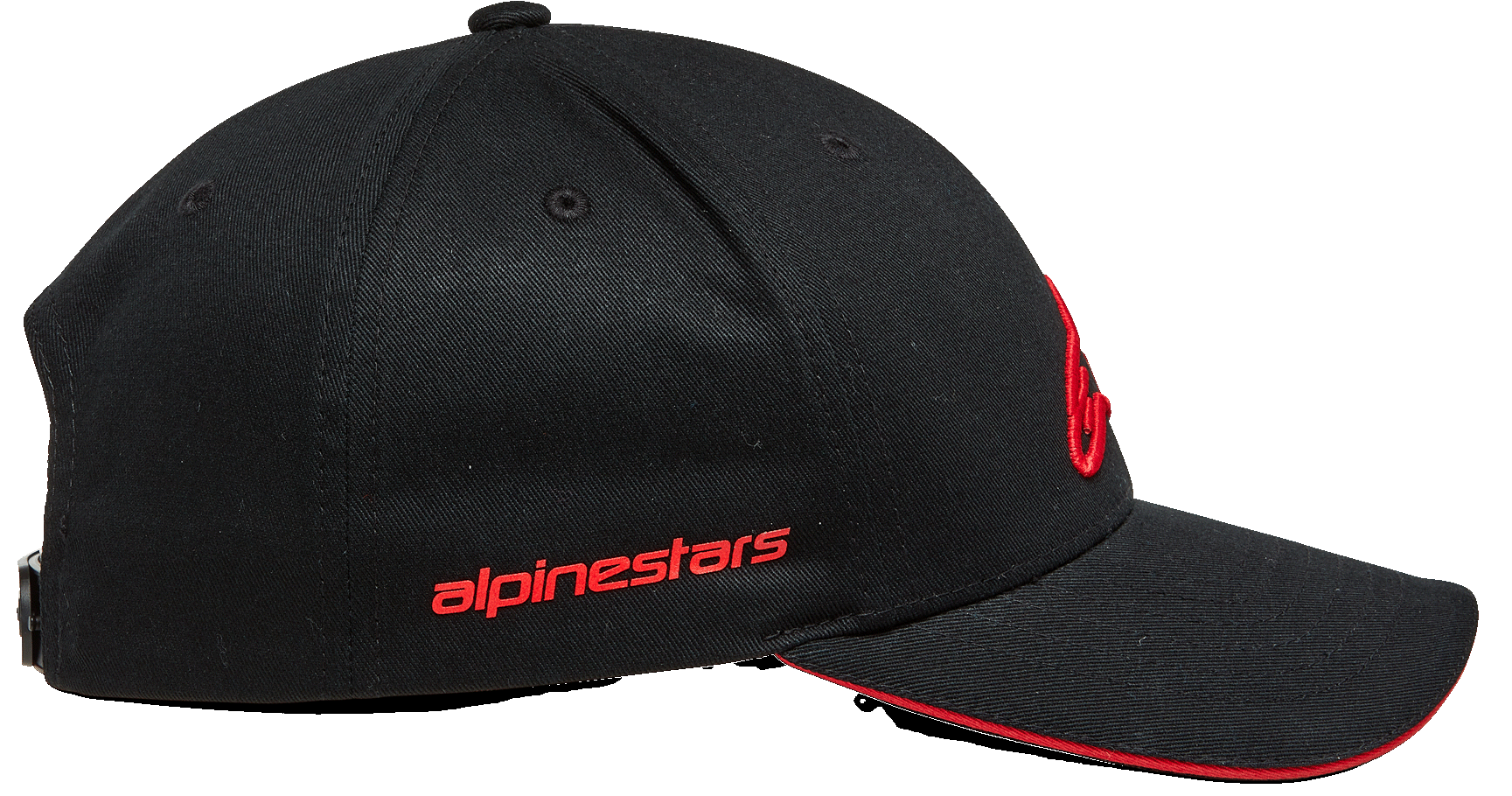 Alpinestars Rostrum Hat, Curved Bill Snapback Cap, Black and Red, side profile view featuring red Alpinestars wordmark, structured crown, and red sandwich bill edge, motorsport-inspired headwear
