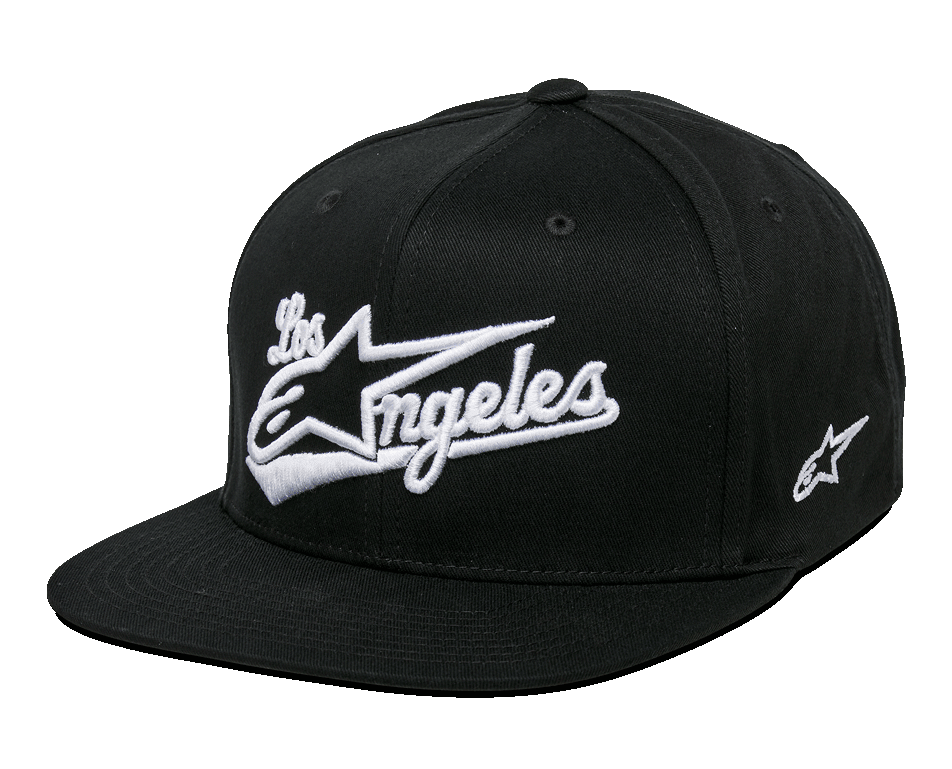 Alpinestars Los Angeles Hat, Black and White Flat Bill Snapback Cap, structured crown with 3D white embroidered Los Angeles athletic font and Ageless logo, side logo embroidery, casual sportswear headwear