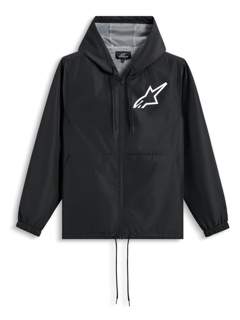 Alpinestars Speeder Chromium Windbreaker Jakke, sort vindjakke med hætte og hvidt Astars-logo på brystet, mesh-foring