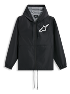 Alpinestars Speeder Chromium Windbreaker Jakke, sort vindjakke med hætte og hvidt Astars-logo på brystet, mesh-foring