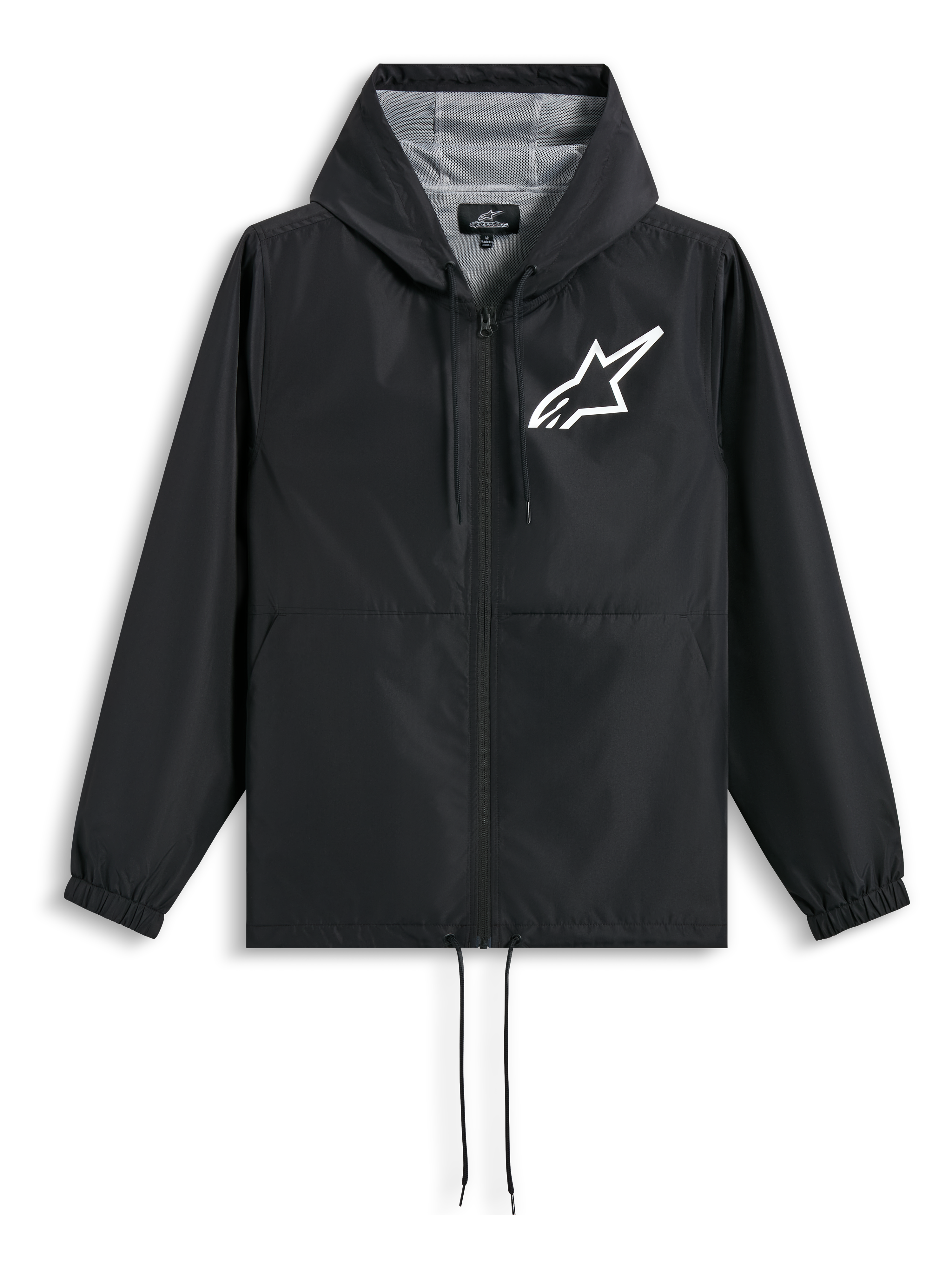 Alpinestars Speeder Chromium Windbreaker Jakke, sort vindjakke med hætte og hvidt Astars-logo på brystet, mesh-foring