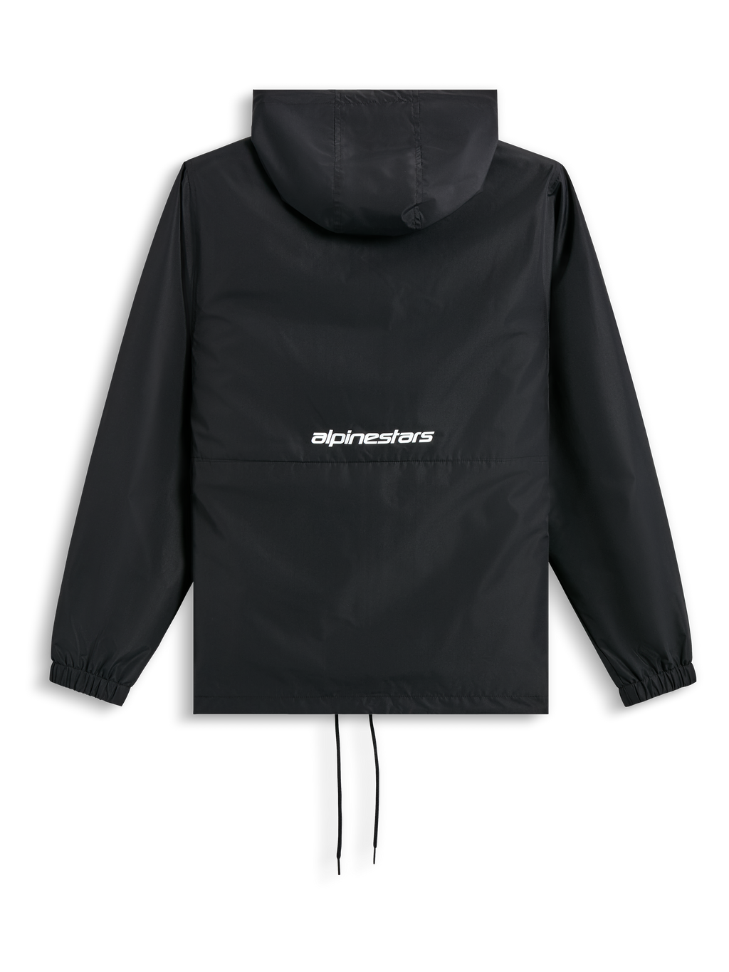 Alpinestars Speeder Chromium Windbreaker Jakke, sort vindjakke set bagfra med hætte, elastiske manchetter, snøregang og hvidt ordlogo på ryggen