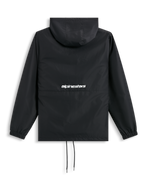 Alpinestars Speeder Chromium Windbreaker Jakke, sort vindjakke set bagfra med hætte, elastiske manchetter, snøregang og hvidt ordlogo på ryggen